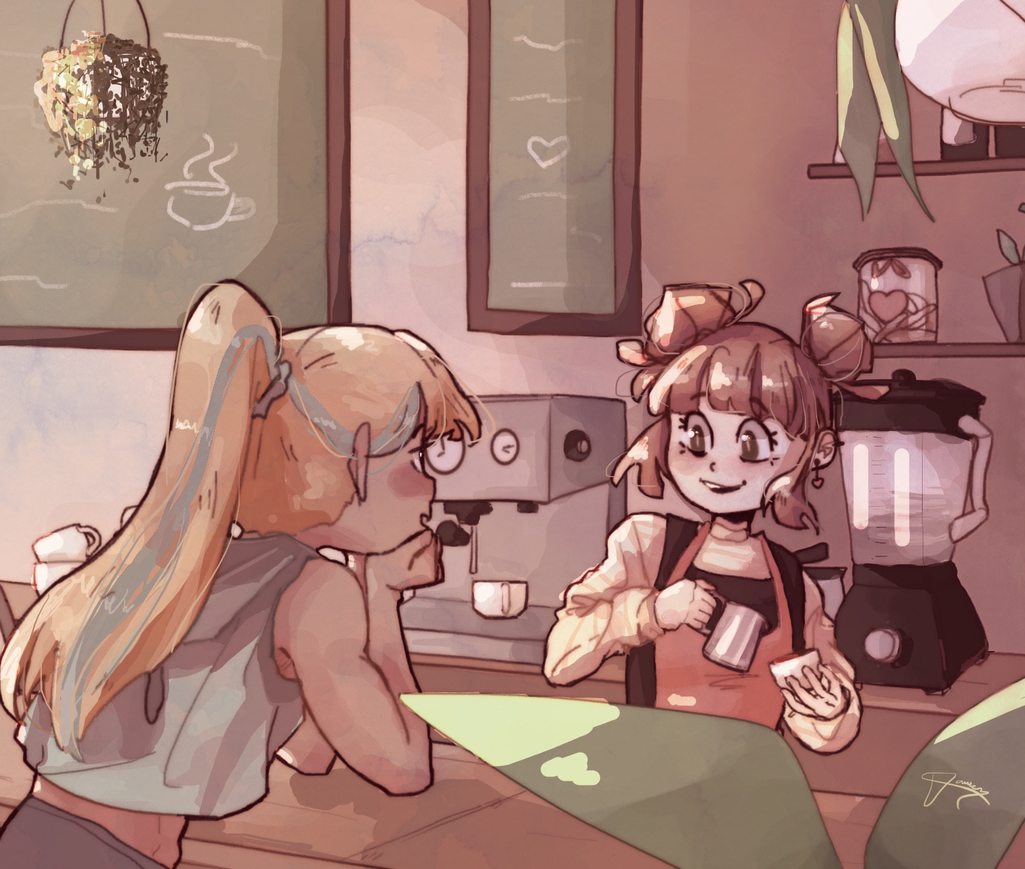 Two girls flirting. One is a bartender making coffee and the other is leaning on the counter.