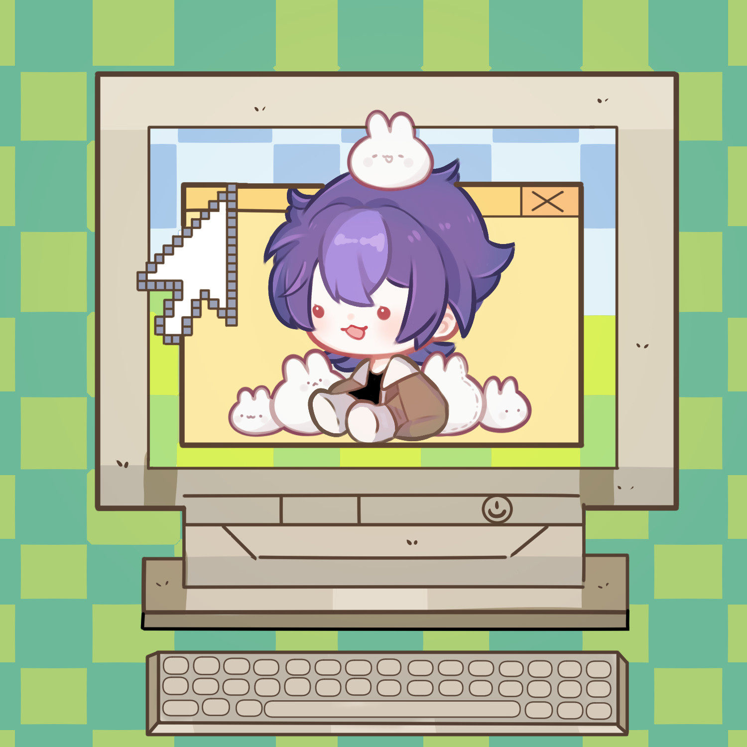 chibi doll of a purple-haired avatar with oversized sleeves surrounded by bunnies sitting in a computer monitor, checkered green and lime-green background