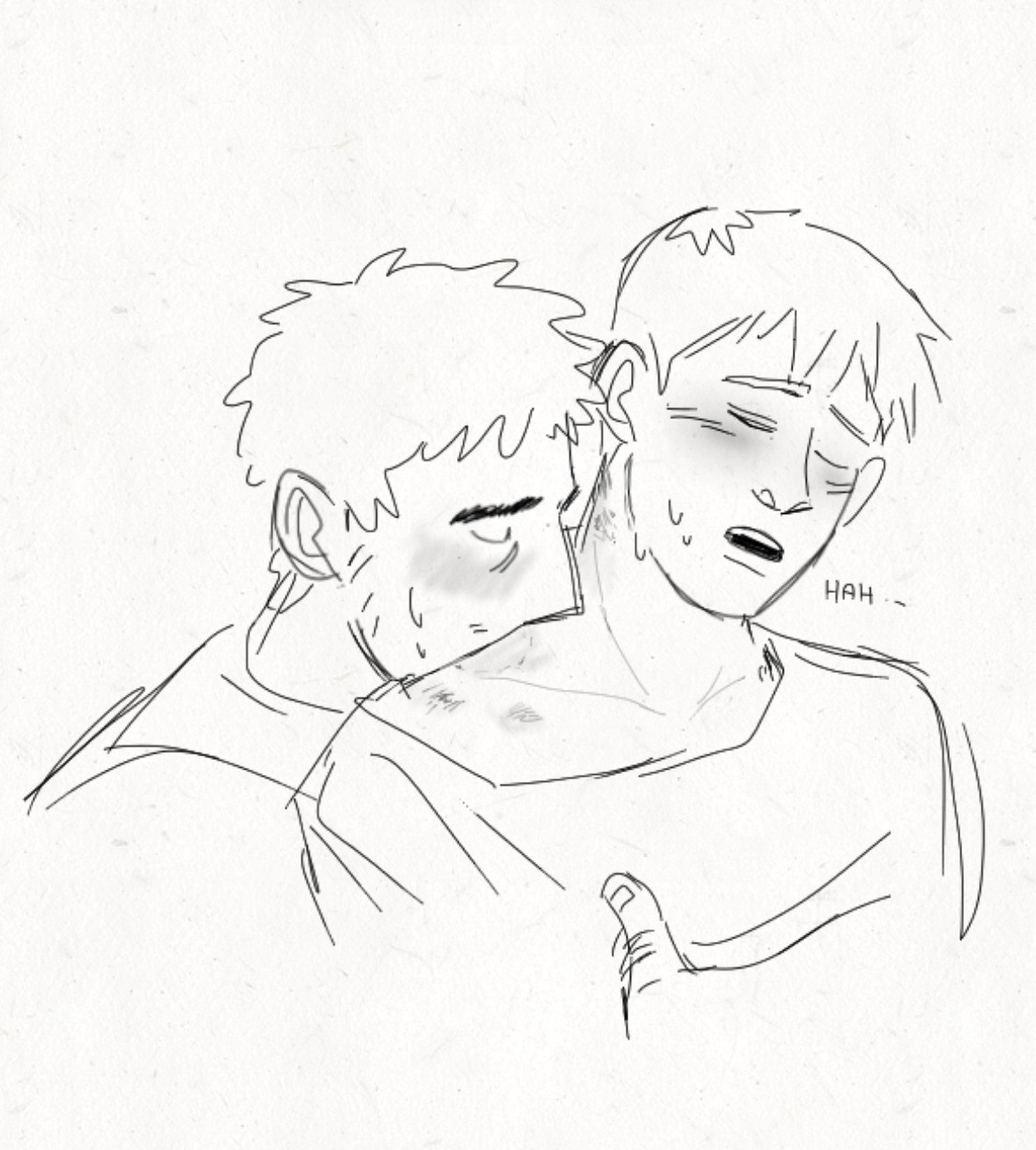 A digital bust drawing of Serizawa and Reigen from Mob Psycho 100. Serizawa is behind Reigen, kissing the junction between his shoulder and neck. Reigen has a few hickeys and a bite mark on his neck and shoulder, and one of his eyes are shut. His mouth is ajar and his head is tilted.