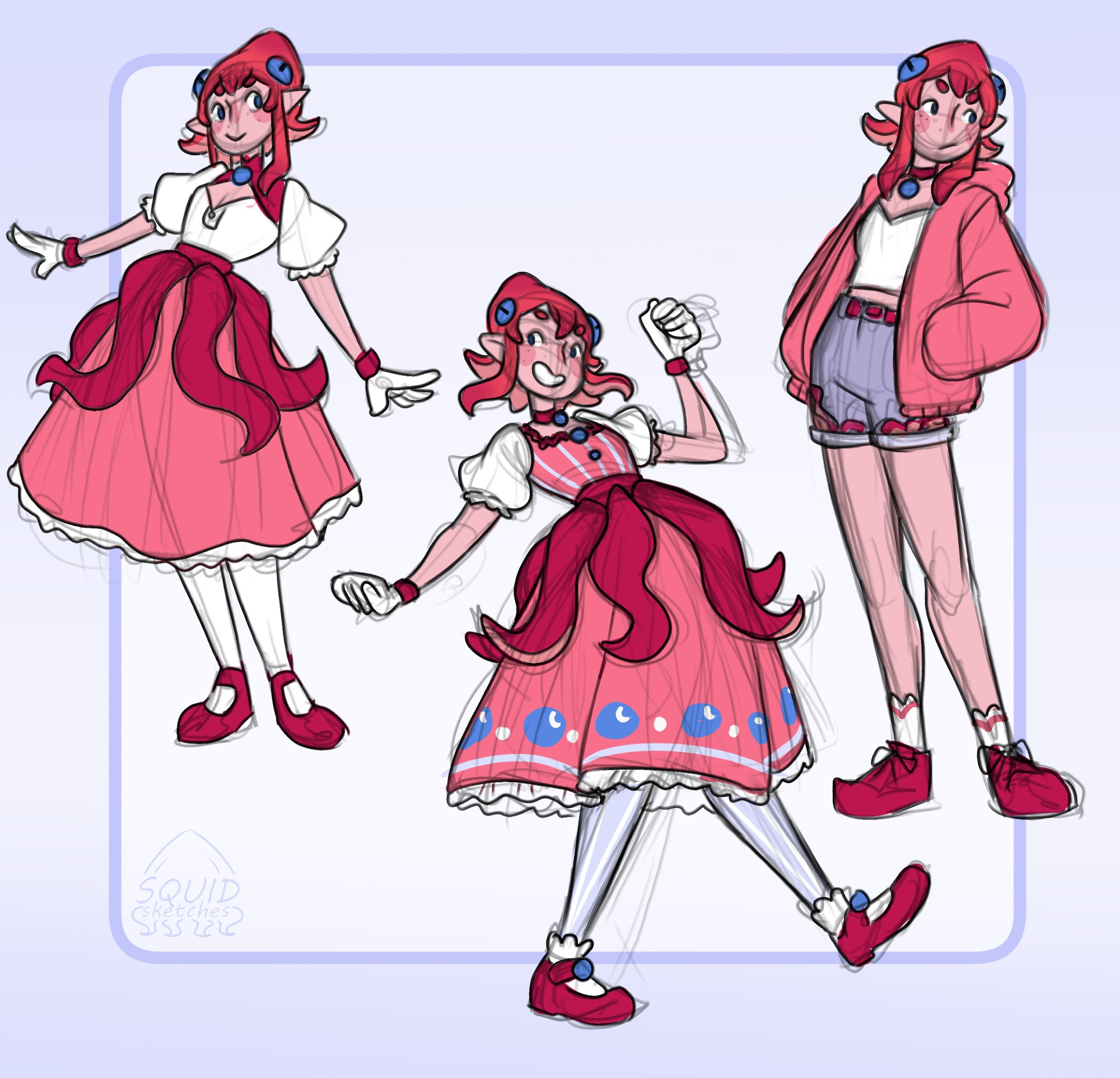 three full-body sketches of character Cali-mari in a variety of outfits with a light simple background framing the three drawings