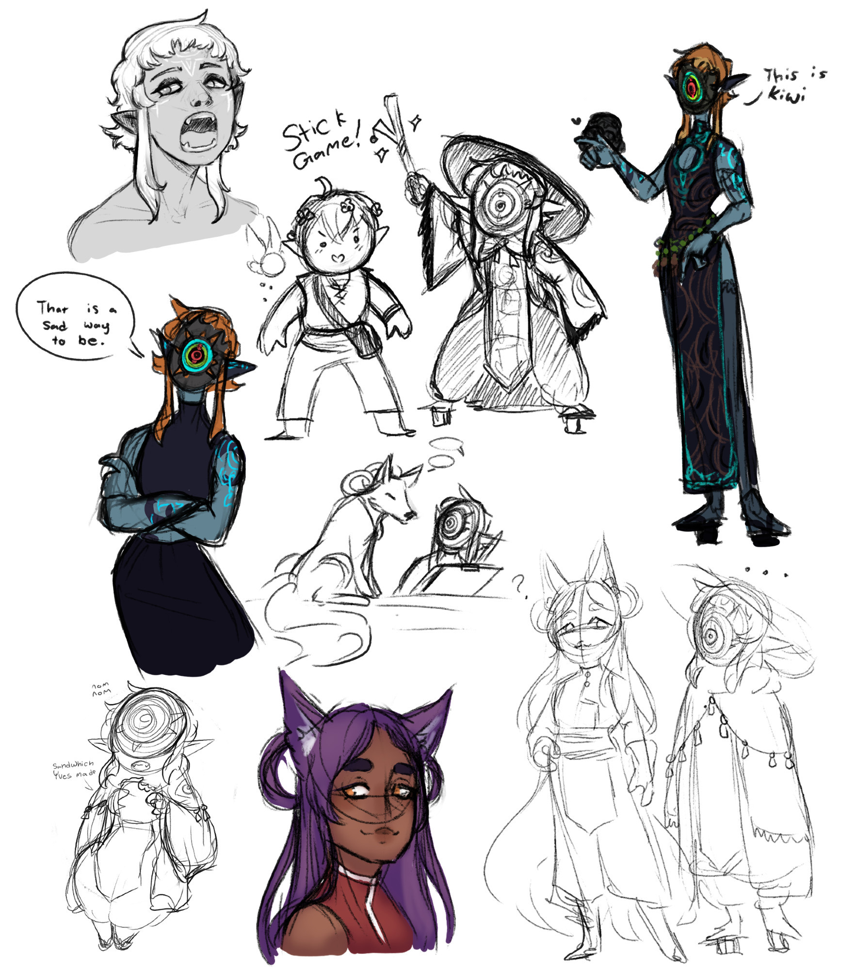 Sketch page of character mivri with some interactions