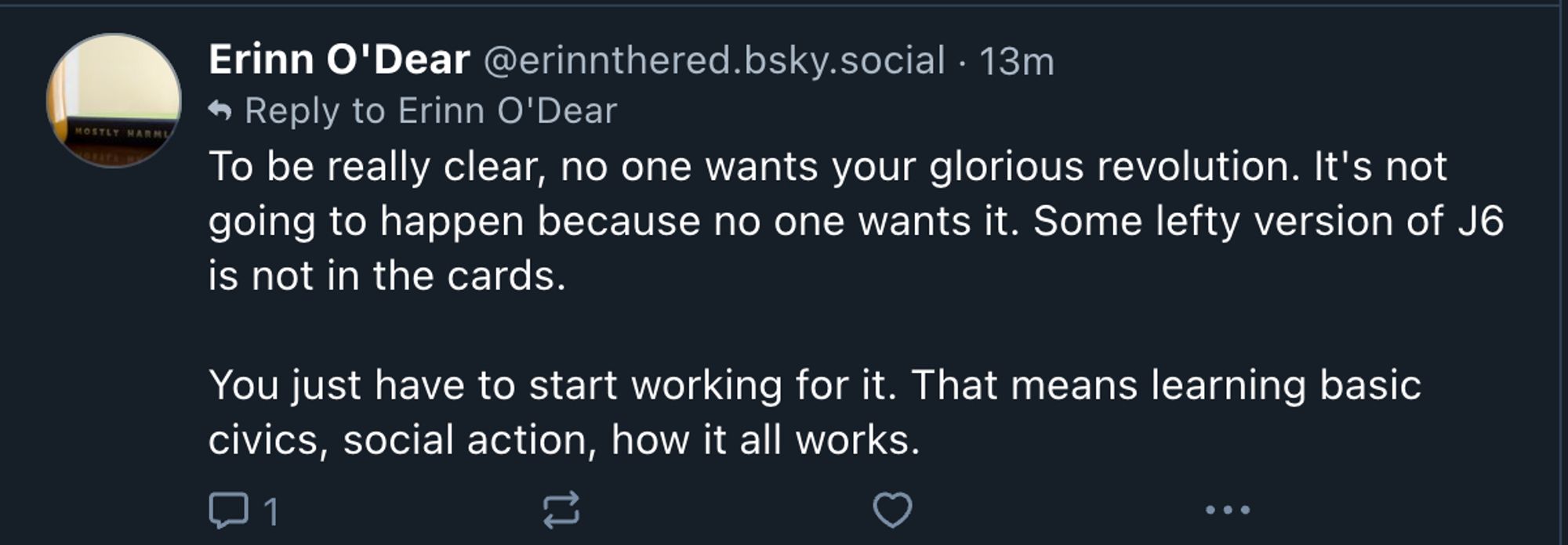 The same person saying "To be clear, no one wants your glorious revolution. It's not going to happen because no one wants it. Some lefty version of J6 is not in the cards. You just have to start working for it. That means learning basic civics, social action, how it all works." To me!