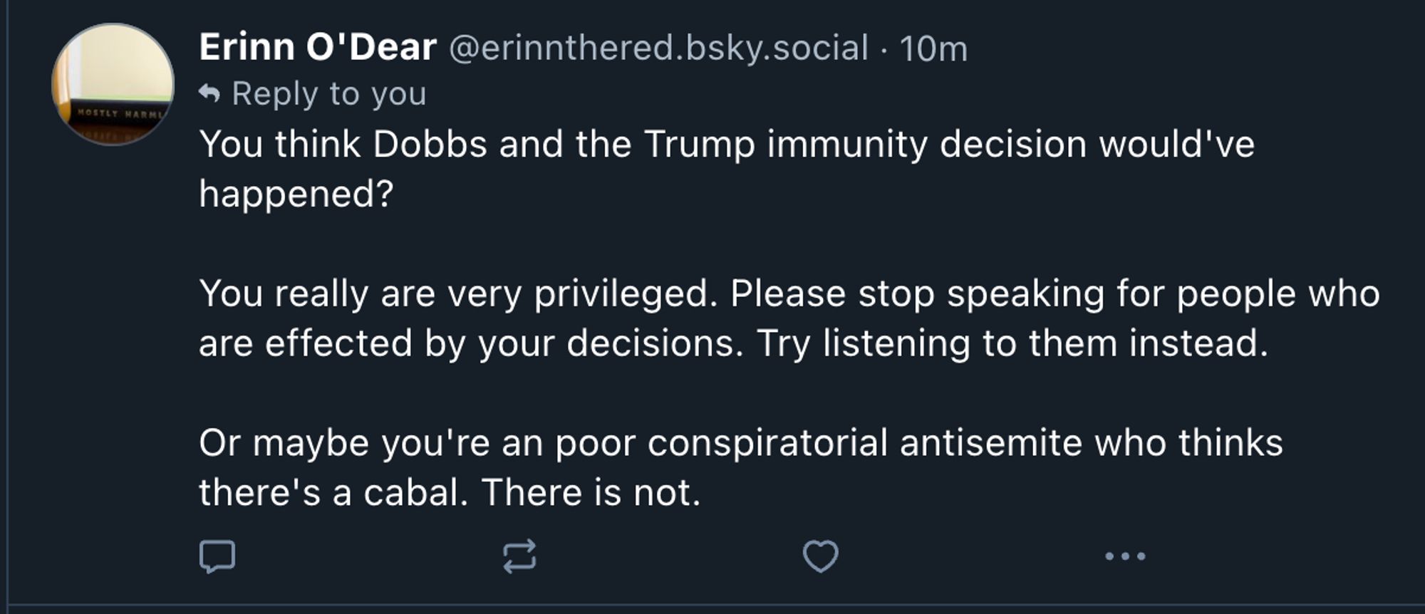 This person moving on to saying "You think Dobbs and the Trump immunity decision would've happened? You really are very privileged. Please stop speaking for people who are effected by your decisions. Try listening to them instead. Or maybe you're a poor conspiratorial antisemite who thinks there's a cabal. There is not." To me!