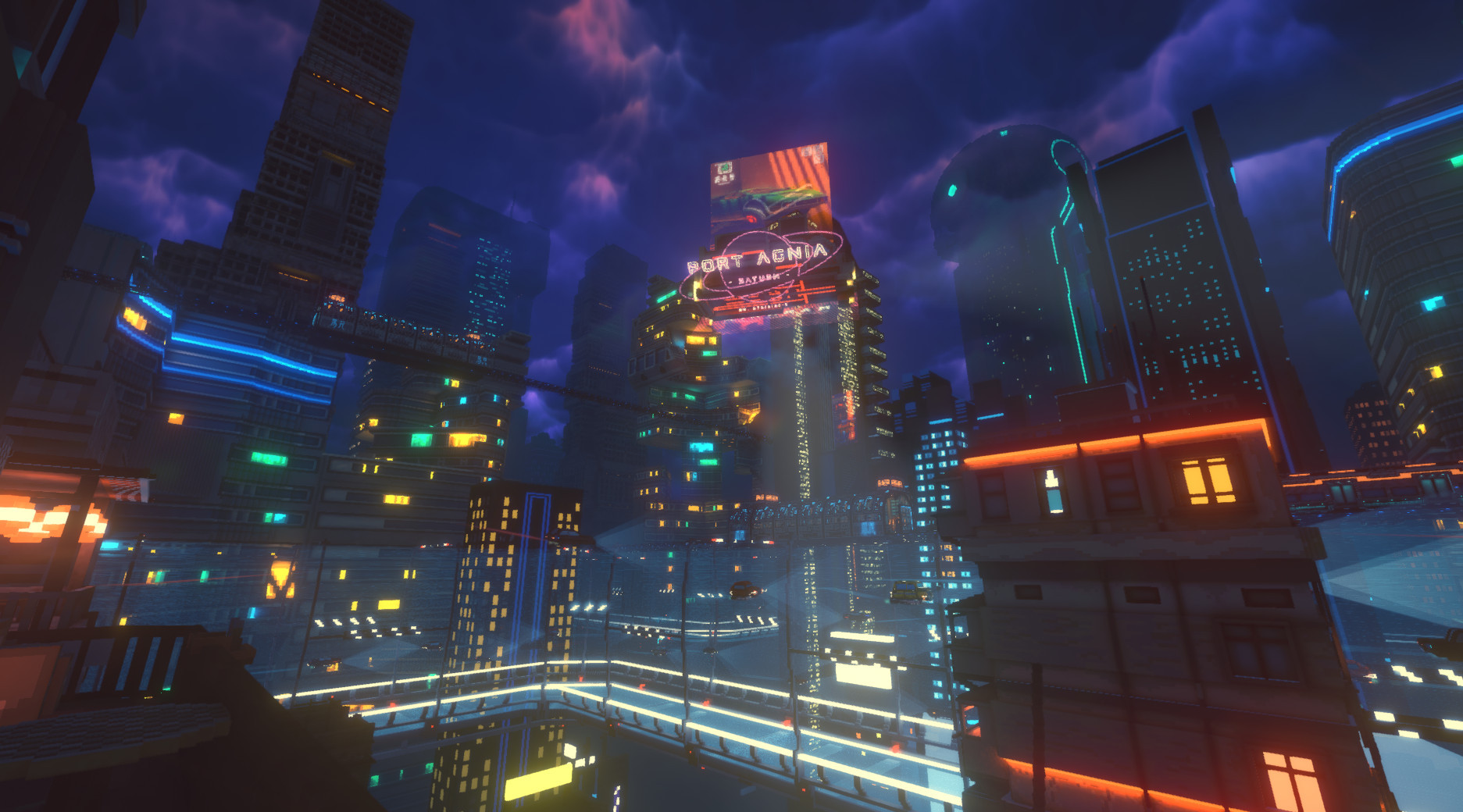 City skyline in voxel driving/narrative game Cloutpunk
purple and pink clouds hang over a neon lit city in the sky, flying cars drift over hover highways 