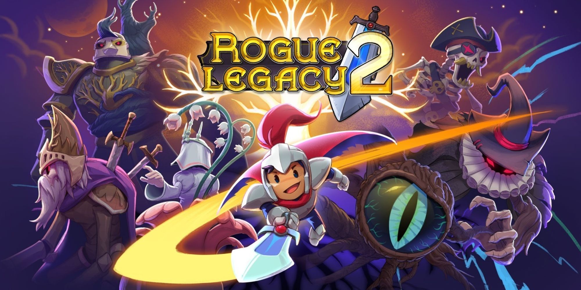 Image promo de Rogue Legacy 2. Un chevalier souriant combat des monstres bien plus grands que lui.