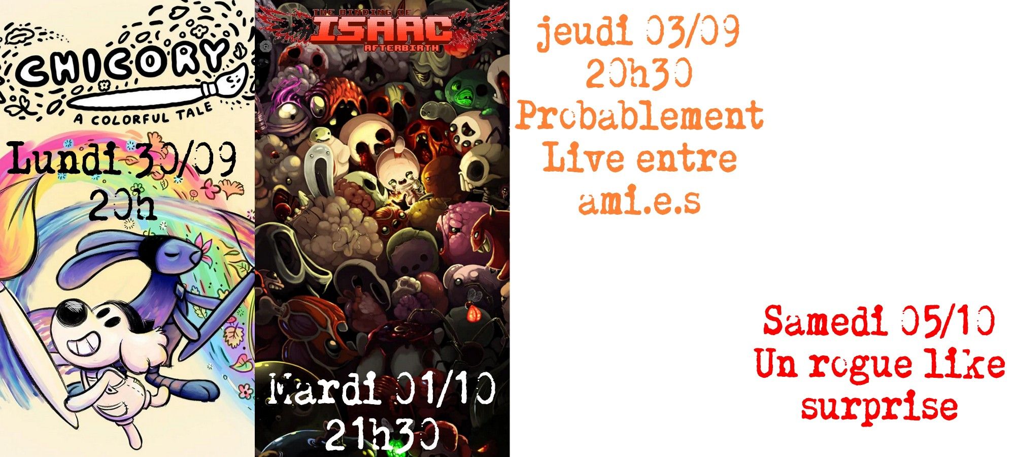 https://www.twitch.tv/archivisteducinema

Allez on reprend l'habitude des programmes ! 
Ce soir 20h : Chicory
Mardi 01/10 21h30 : Binding of Isaac

Jeudi 03/10 vers 20h30 : live collectif
Samedi 05/10 vers 20h : Roguelike à décider