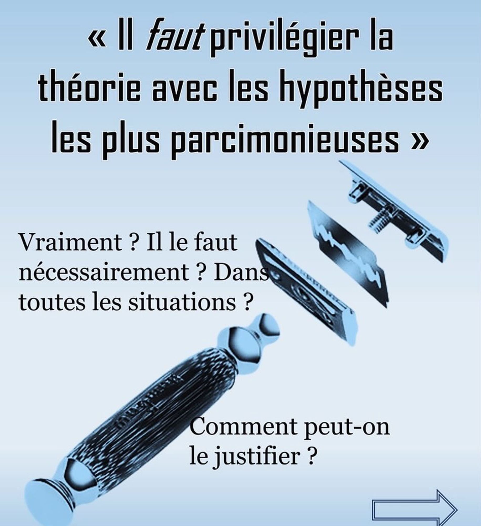 "Il faut privilégier la théorie avec les hypothèses les plus parcimonieuses" (entre guillemet)

Vraiment ? Il le faut nécessairement ? Dans toutes les situations ?

Comment le justifier ?