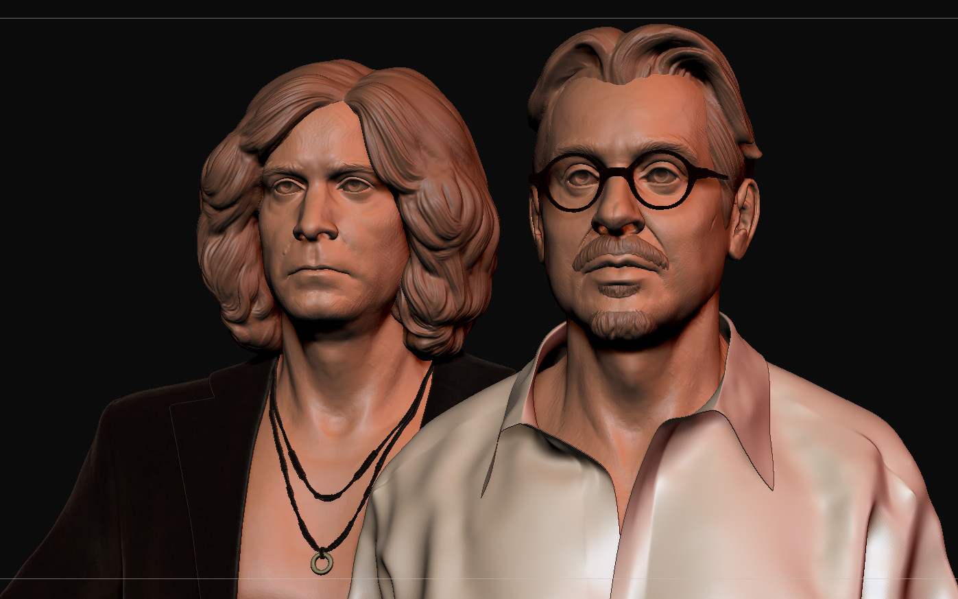 Screenshot of Zbrush's viewport depicting two early-stage likeness sculpts of the characters Thomas Zane (Ilkka Villi) from the game Alan Wake 2 and his partner Dr. Casper Darling (Matthew Porretta), originally from the game Control. Zane is wearing a dark suit jacket and wedding ring necklace and Darling wears dark round glasses and a simple off-white t-shirt unbuttoned at the top.

They're positioned side by side, with Darling a little closer to the camera, and are being sculpted with neutral expressions. They're shown in untextured warm-toned clay material and contrasting basic materials for clothing and accessories which, just like hair and eyes, are placeholders to help with visualization.