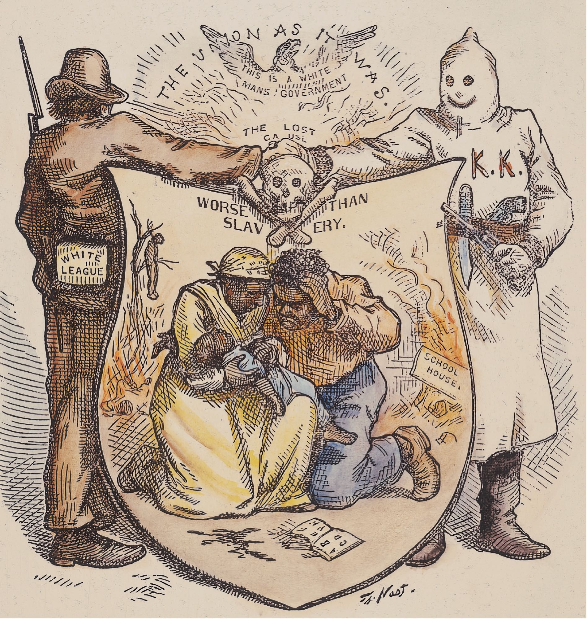 This political cartoon depicts two men shaking hands over a skull and crossbones. The man on the left, labeled as a member of the White League, holds a rifle. The figure on the right, dressed in a white robe with “K.K.K.” on his chest, is a member of the Ku Klux Klan. Beneath them is a shield showing a terrified Black family huddled together amidst violence. Behind them, a schoolhouse burns, and a lynched figure hangs from a tree, symbolizing racial violence. The words “Worse than Slavery” are prominently displayed, underscoring Nast’s critique of post-Reconstruction racial oppression.