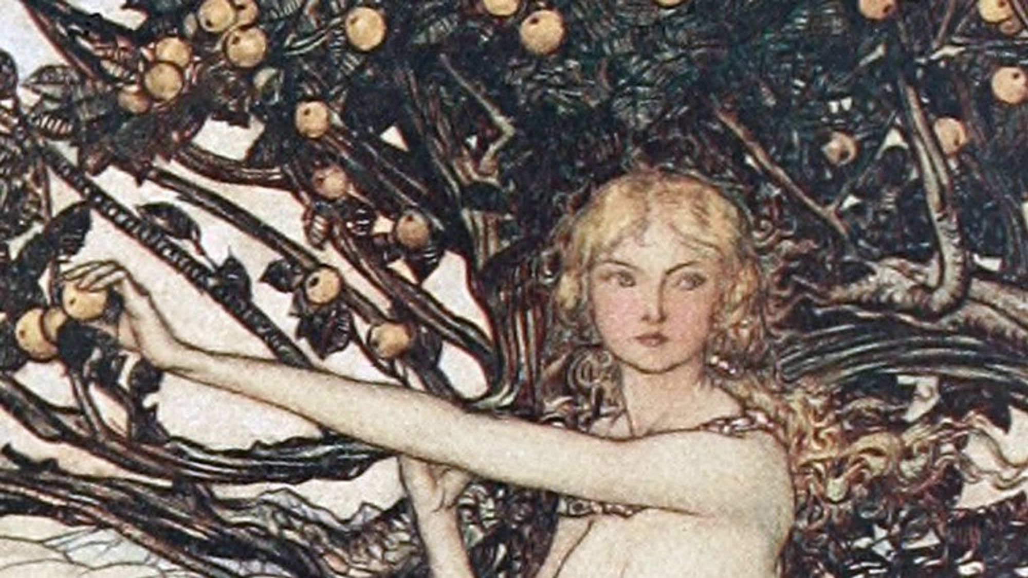 Imagery of Nerthus us rare. This is from detail of an artistic impression of the Norse goddess Freya who is genealogically and thematically related (in the historical and etymological sense) via her father Njörðr to Nerthus. The image is a 1909 artwork by Arthur Rackham