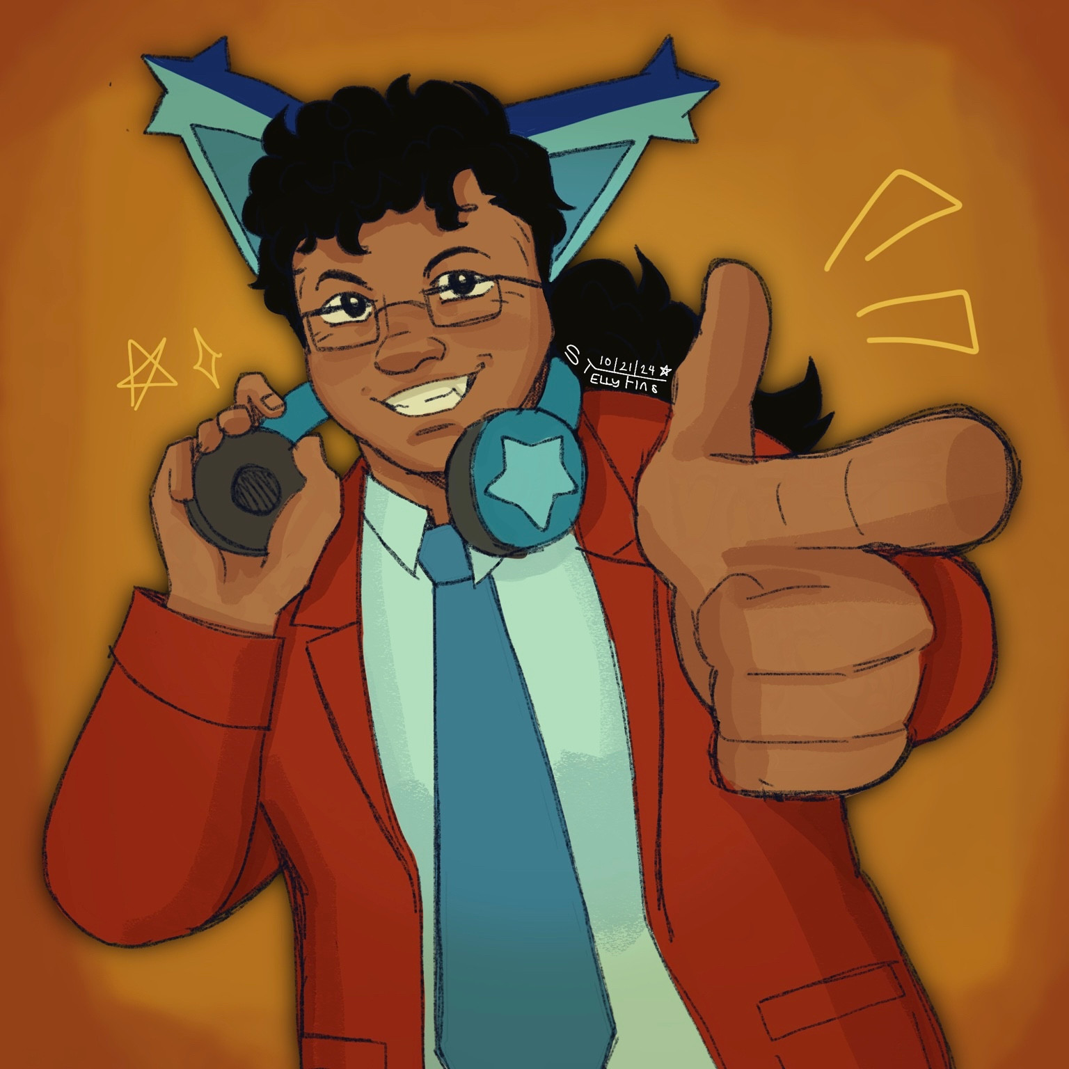 A colored digital drawing of a person pointing at the camera. They have brown skin, curly black hair, and are grinning. He is wearing a red coat and a blue tie.