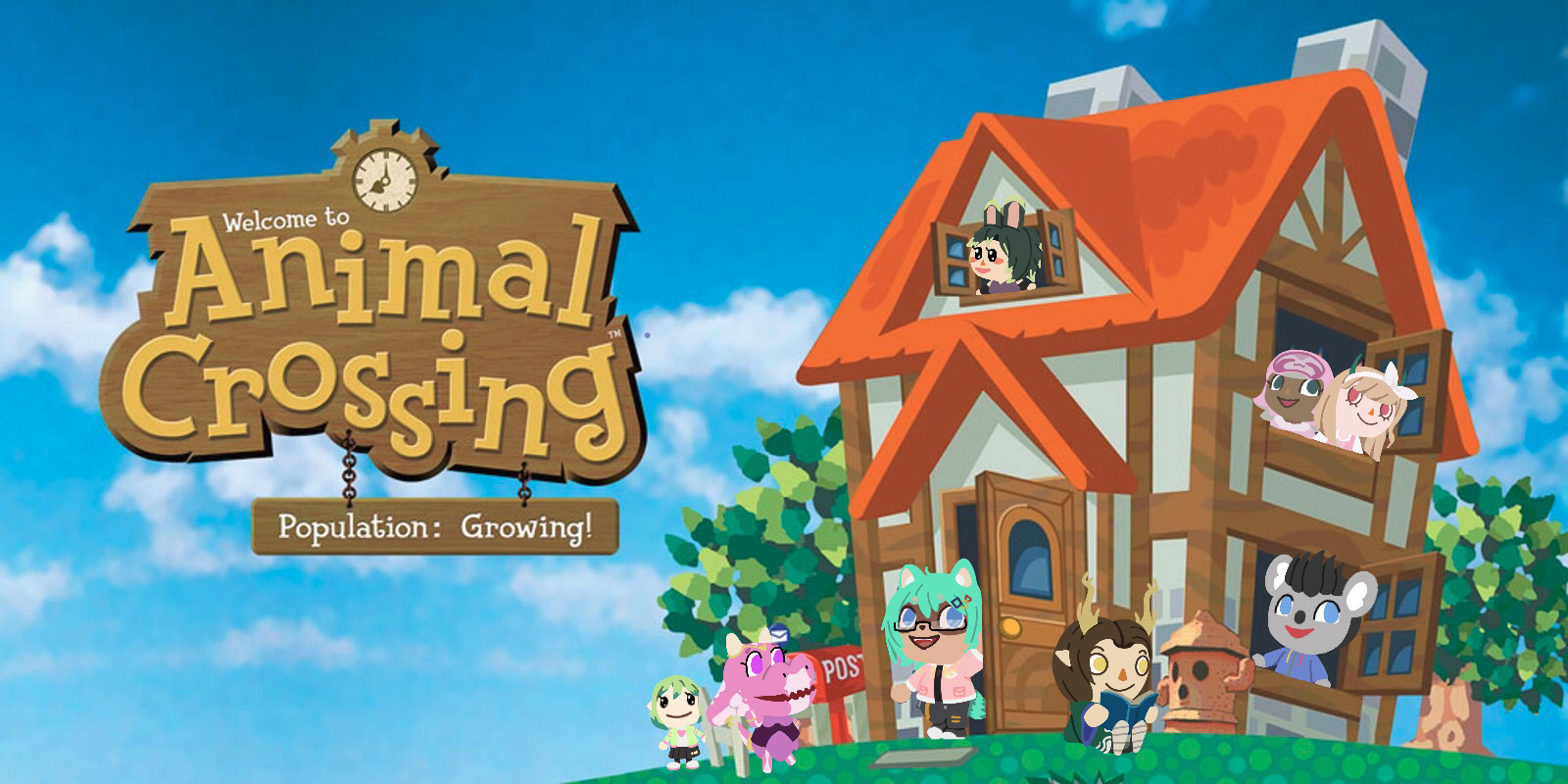 An edit drawing of the Animal Crossing cover art featuring: Prinny, Hesper, Bancha, Ryusei Shiningheart, Classic Carnage, Misa Deluxe as well as Rosie Mallow and Chihaya Hoshino!