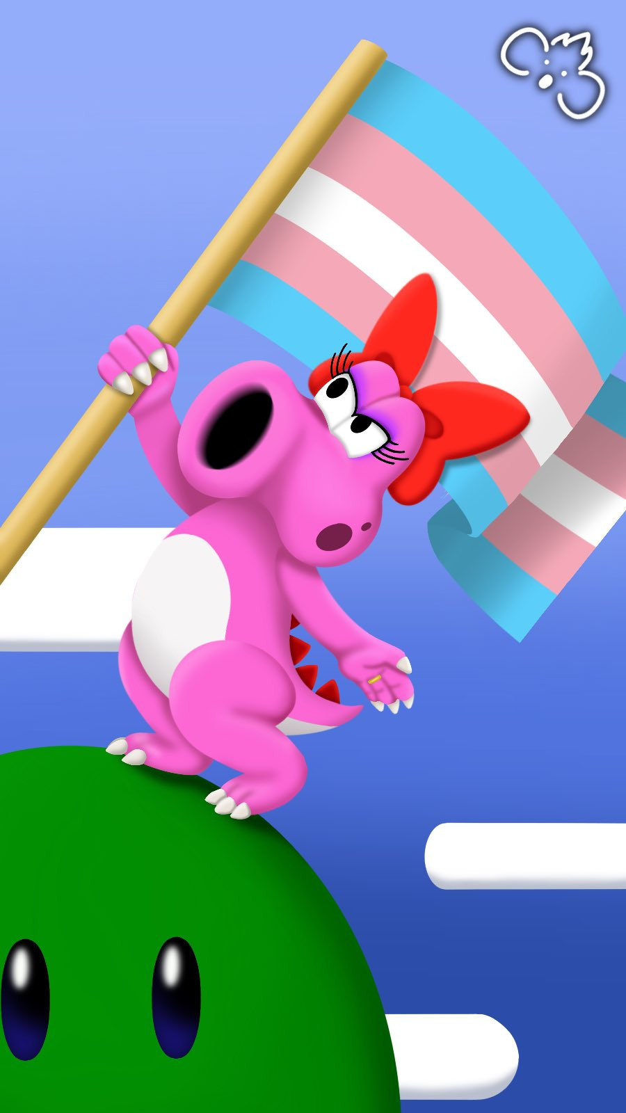 Birdo standing on a hill top holding the trans flag up looking determined and ready to fight!