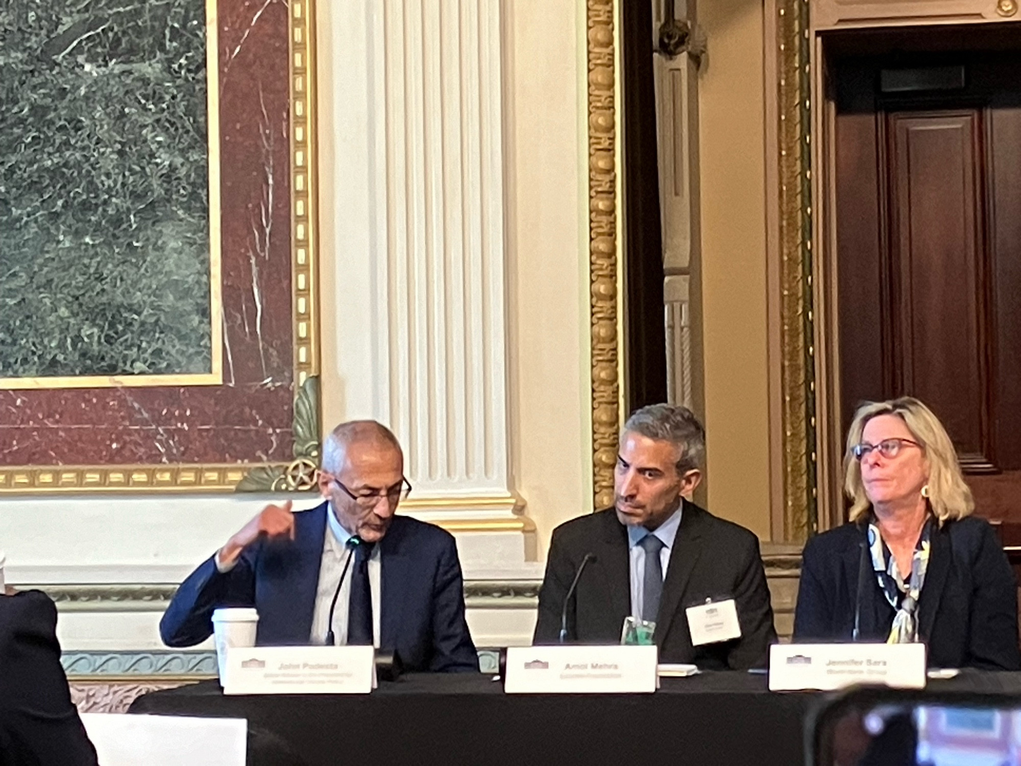 John Podesta speaks on a panel at the White House on climate equity in foreign policy