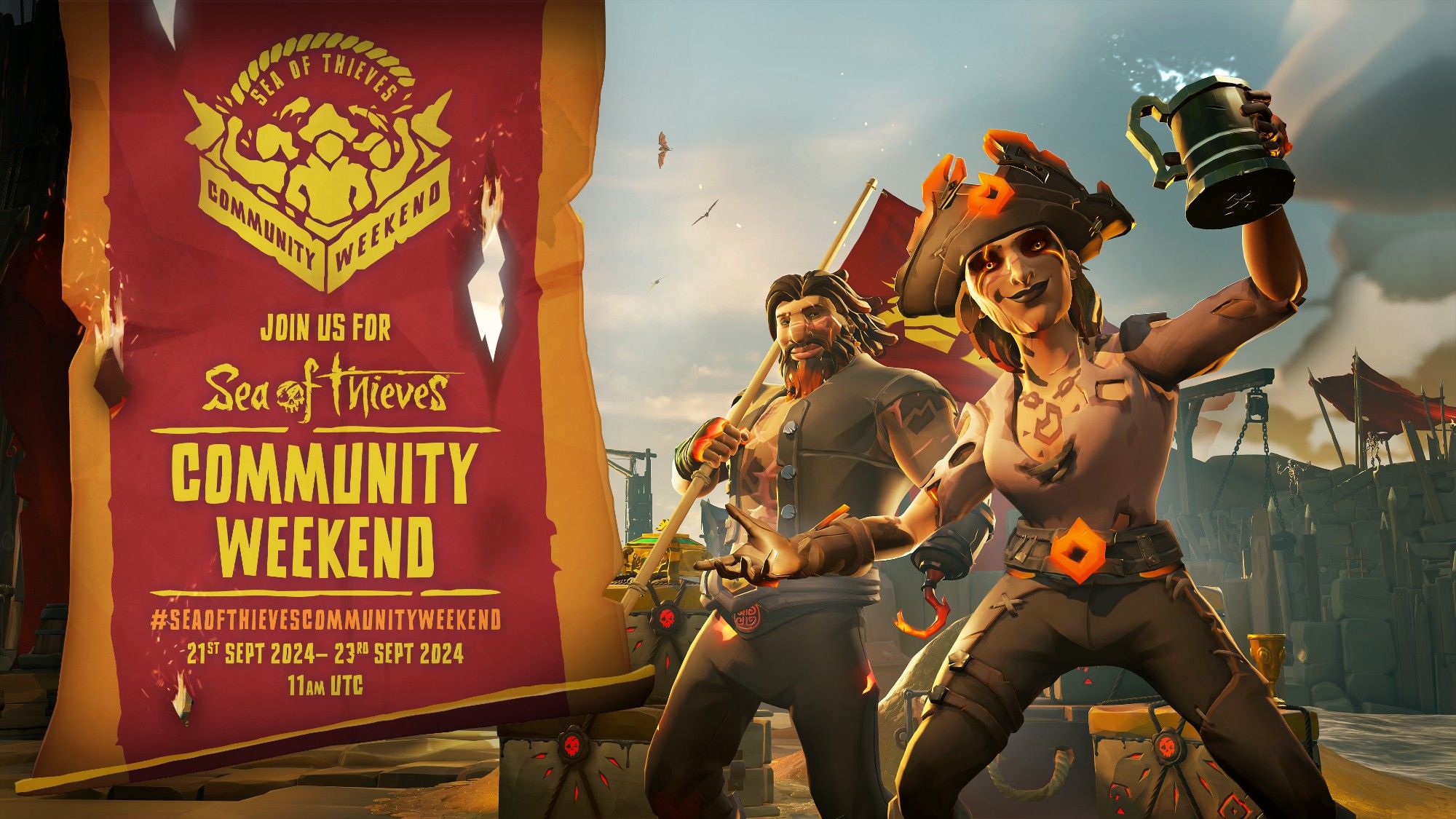 A pair of pirates in dark, fiery gear look rather jolly under a greying sky, one raising a tankard high and the other supporting a red flag over his shoulder. A banner reads "Join us for Sea of Thieves Community Weekend, 21st Sept 2024 - 23rd Sept 2024, 11am UTC".