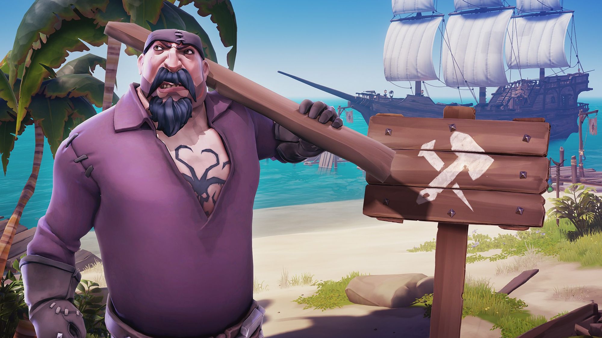 A pirate stands with a plank over his shoulder in front of a sign showing a hammer and nail.