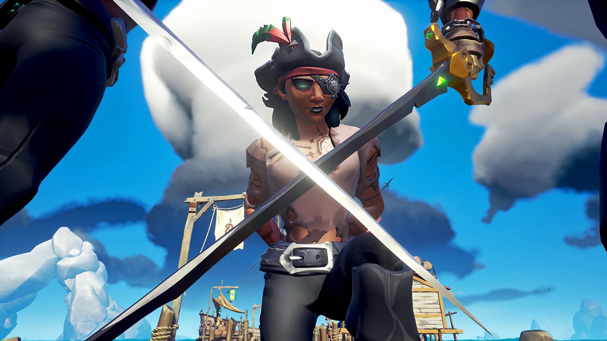 A female Sea of Thieves pirate with an eyepatch and a feathered hat poses defiantly behind the crossed swords of two other pirates in the foreground.