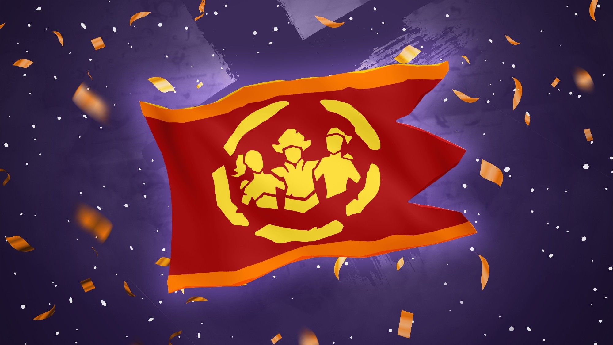 A red and yellow flag is pictured on a purple background, surrounded by confetti. In the centre of the flag is an emblem, which is a silhouette of three pirates posing together in a friendly manner. Around this central emblem appear five marks that signify Community Emissary Grade Five has been reached.