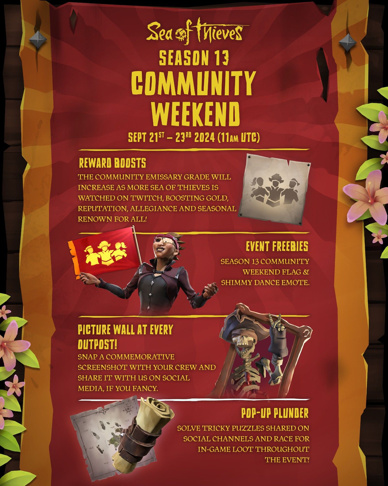 An infographic on Sea of Thieves Season 13 Community Weekend, Sept 21st-23rd 2024 (11am UTC). Reads: "Reward Boosts, the Community Emissary Grade will increase as more Sea of Thieves is watched on Twitch, boosting gold, reputation, Allegiance and Seasonal Renown for all". A second box reads "Event Freebies, Season 13 Community Weekend Flag & Shimmy Dance Emote". A third says "Picture Wall at Every Outpost, snap a commemorative screenshot with your crew and share it with us on social media, if you fancy". A fourth says "Pop-Up Plunder, solve fiendish puzzles from social channels to race for in-game loot throughout the Event".