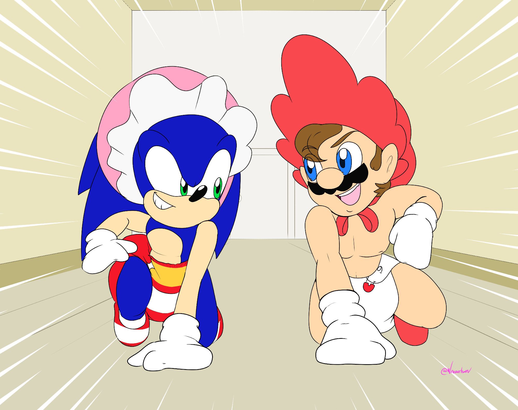 Sonic The Hedgehog (on the left) and Mario (on the right) are crawling together very fast and in competitive mode. They both look at each other with a confident smile as they raced along the floor.