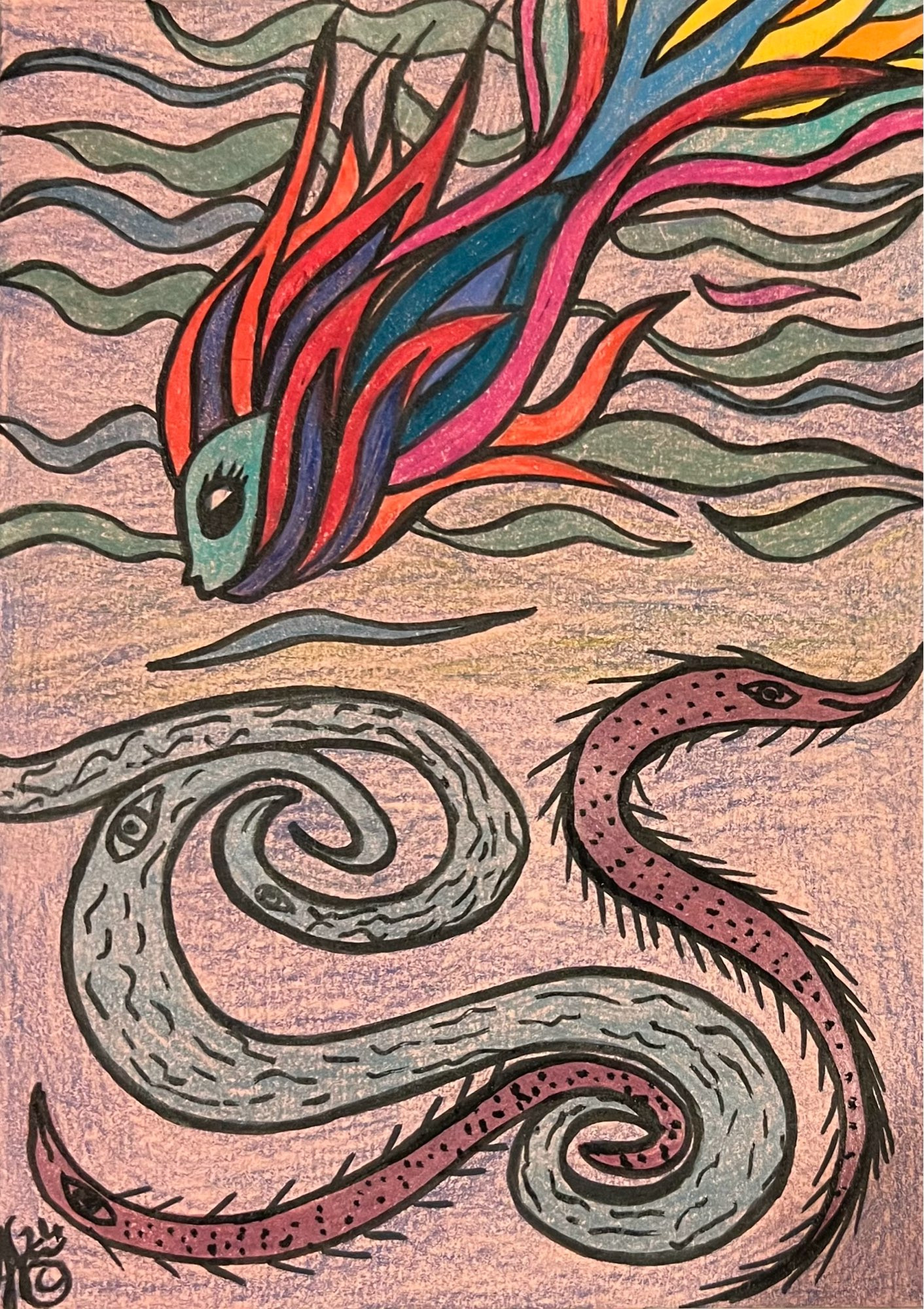 A colourful fish with lots of flowing tentacles swims gracefully down to the ocean floor and meets blue and bronze friendly eel like creatures with long snouts. Something I did while hosting my art Group in the Gregson Community and Arts Centre. A free drop in group.