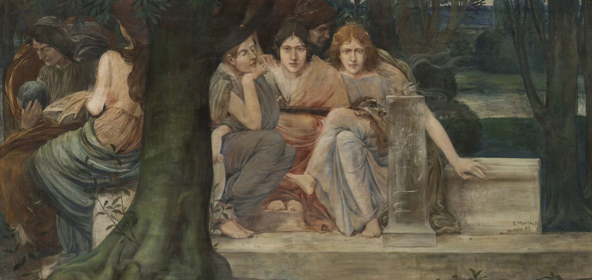 Five neoclassical-looking women in diaphanous toga-like drapes, divided by a tree trunk in the centre-left of the frame, are sitting around on a marble plinth, looking variously pensive and/or intense. The one on the extreme left is gazing at a ball of lead, or something; the one next to her has her back to us. The woman on the right has a crumpled dramatic mask on her lap: tragedy or comedy? Who knows. There's another tree on the extreme right, plus some other trees and a dark lake in the background, also the profile of a woman we can't quite see. Is she a literary genre too, or what? Your guess is as good as mine. The colours are a fairly subdued combination of woody greens, paler blues and fragrant peach.