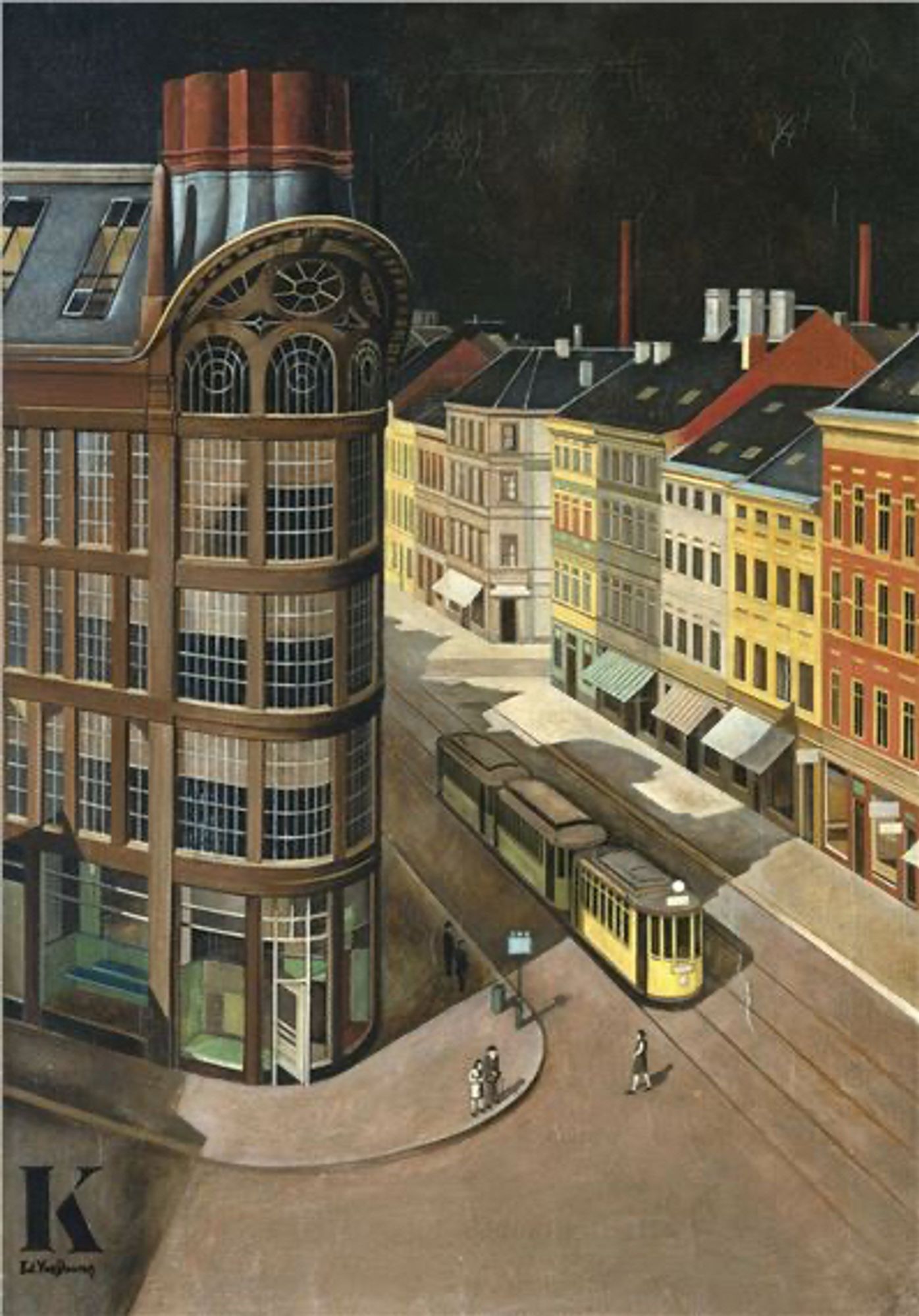 A street scene painted in graphic style, like a BD panel: a curved Art Deco on the street corner on the left; a terrace of red, yellow and brown buildings on the right. In the road between them: a yellow tram and a few tiny figures in the street or on the pavement. The sky is dark.