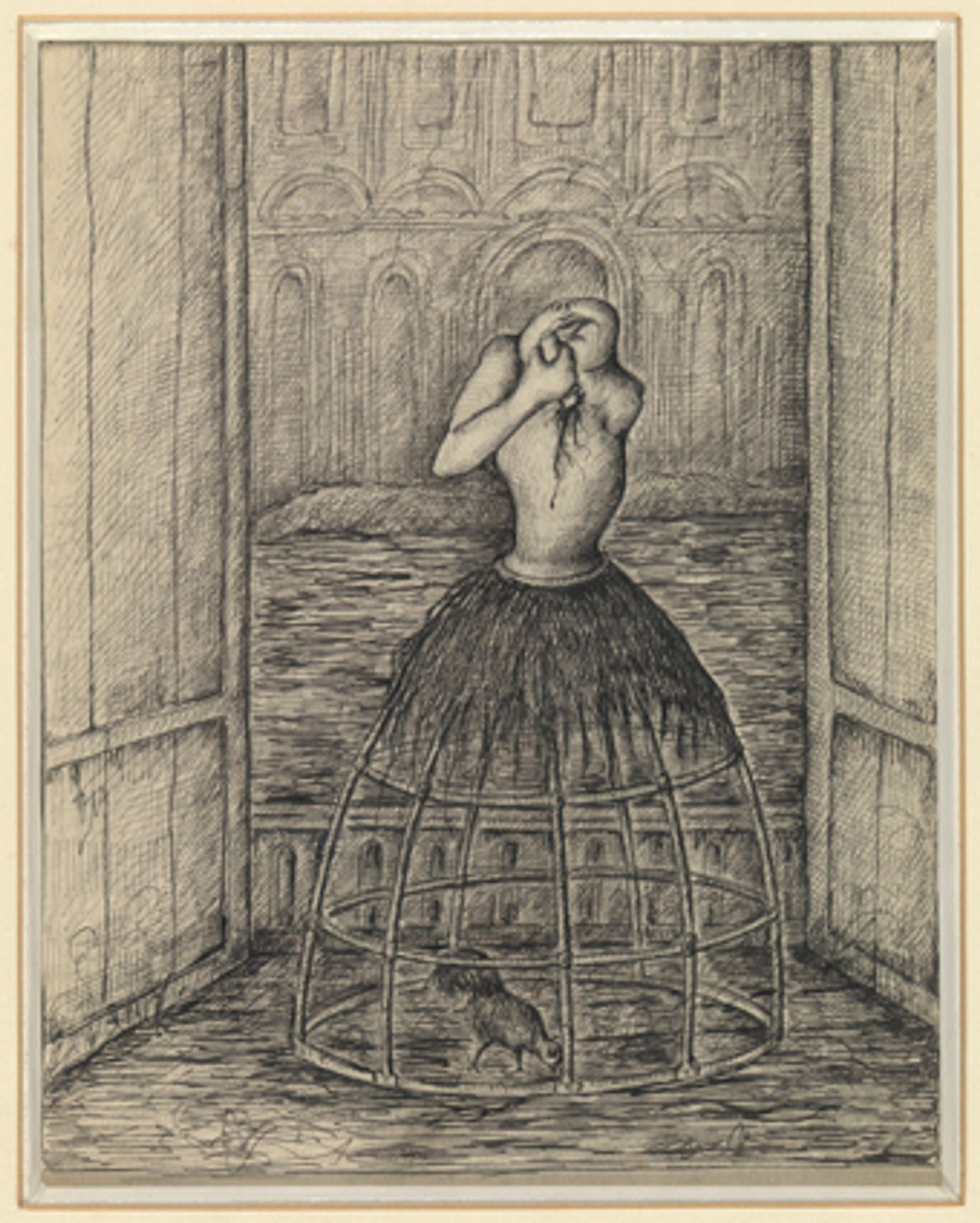 Drawing of a malformed female torso with only the bottom part of a head, seemingly plunging a knife into its chest, atop an uncovered crinoline enclosing a hen or squirrel in its cagelike confines, but no legs. This figure, if you can call it that, stands in an open window before a balustrade overlooking a body of water with a faint ecclesiastical-type building on the other side.