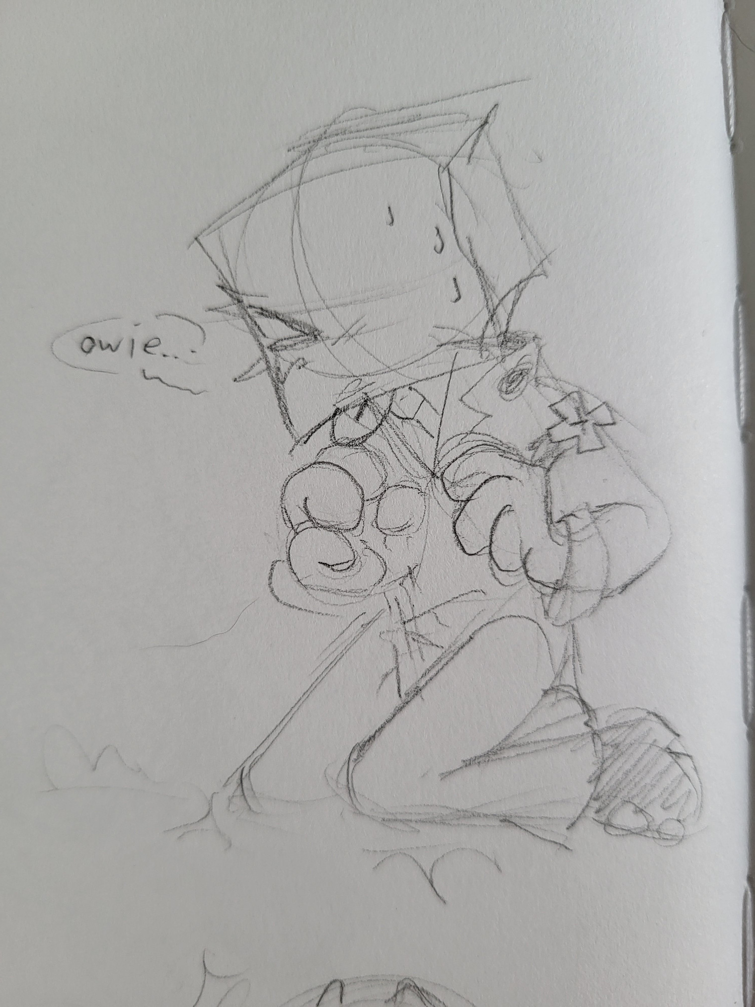 Sketch book doodle of a chibi Faust (Guilty Gear Xrd) falling to his knees and saying "owie..."