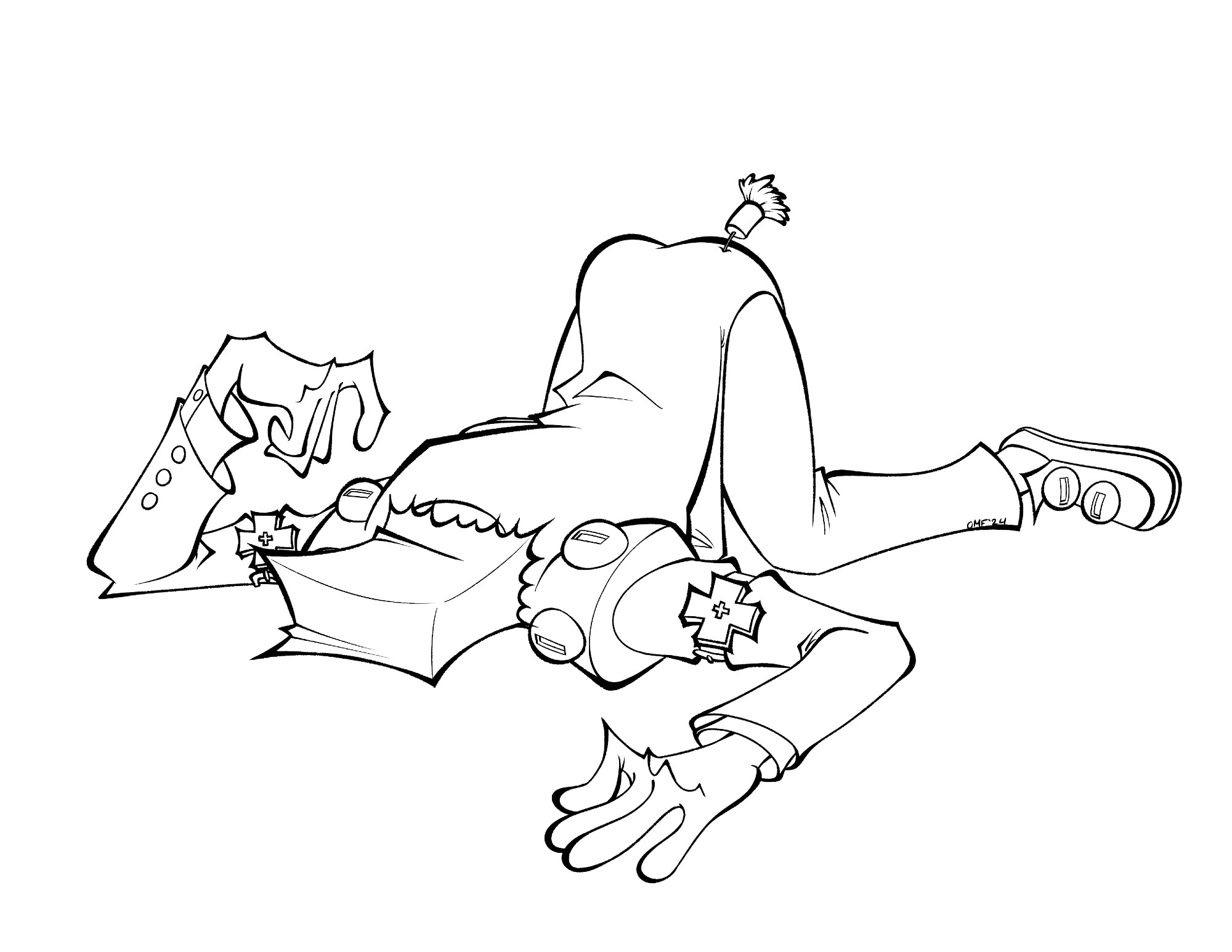 Line art of Faust from Guilty Gear XRD face-planted on the ground, ass in the air. There is a small tranquilizer dart sticking out of his butt cheek.