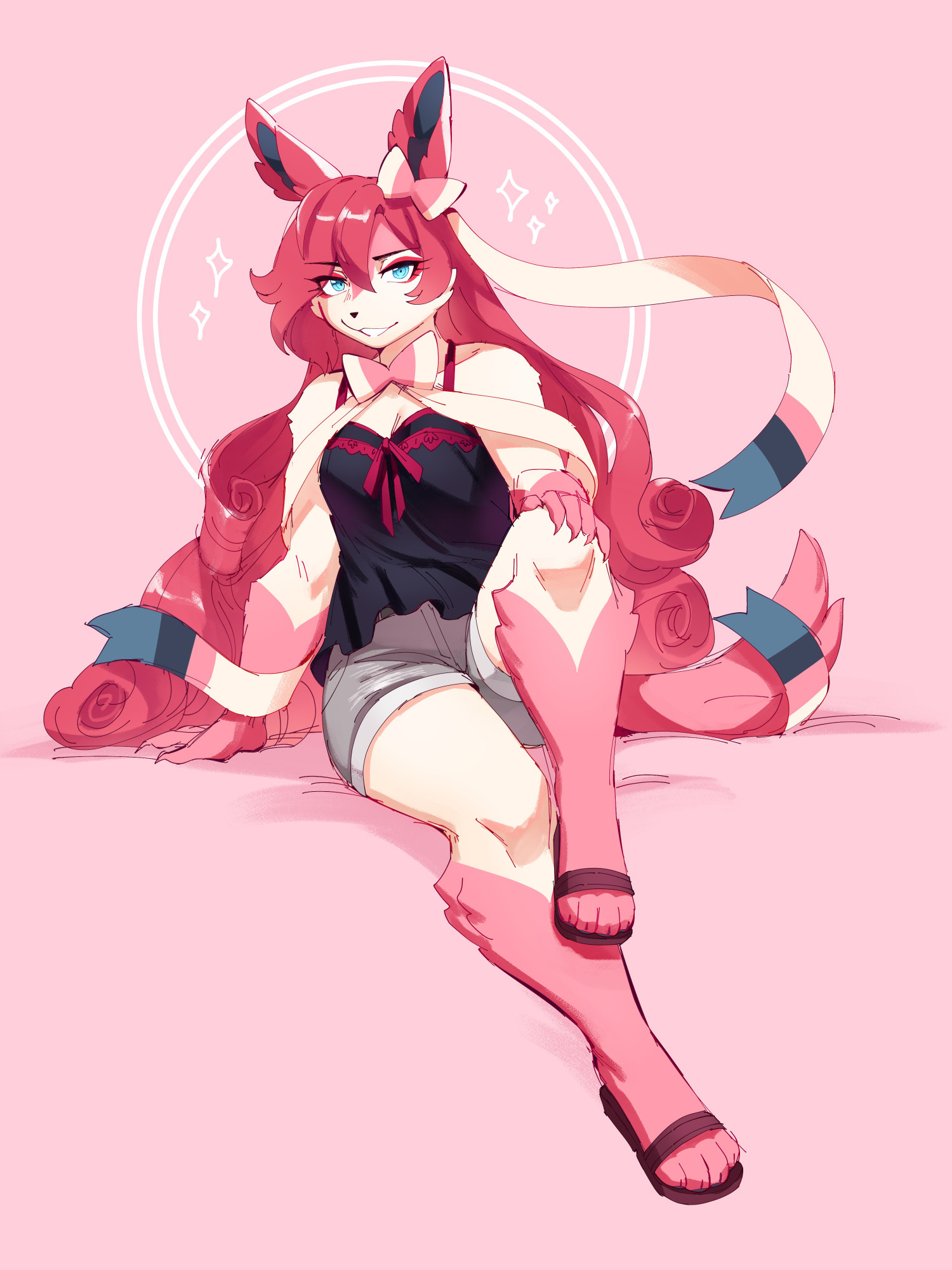 full body drawing of the same sylveon character, this time reclining on a plain, pink background. she's wearing a black and red lacy tank top, grey shorts, and simple sandals