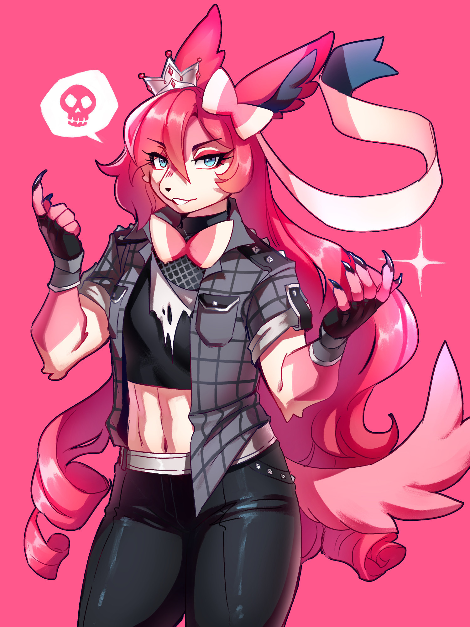 thighs-up drawing of the same sylveon character, but this time she wears a studded, dark-grey, plaid button up shirt over a torn, black crop top, leather pants and fingerless gloves. she is showing her claws to the viewer