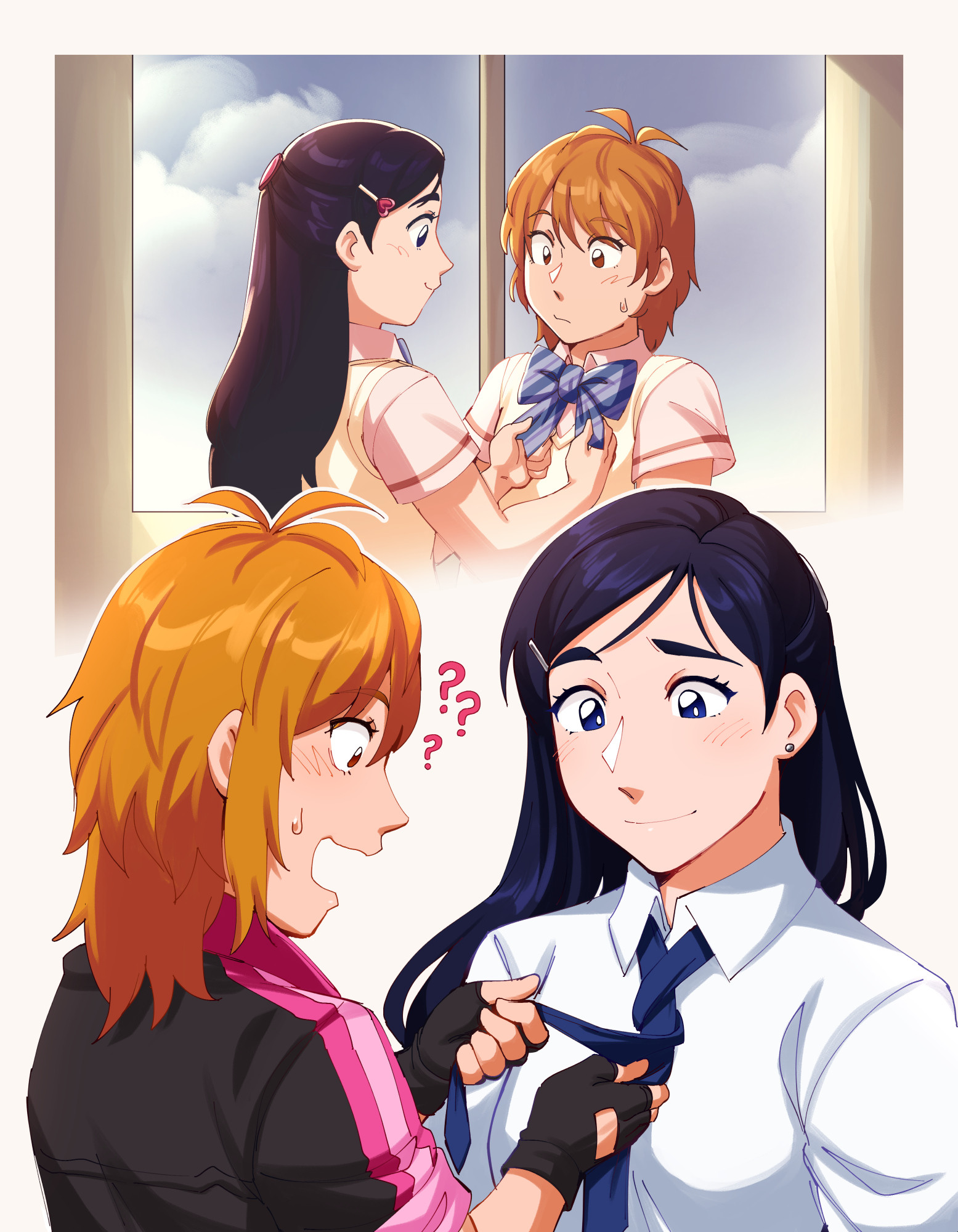 two drawings on the same page of nagisa and honoka from pretty cure. in the first drawing, they're teenagers in school, standing in front of a window while honoka fixes nagisa's bow. the second drawing shows them as adults with nagisa attempting and failing to tie honoka's tie