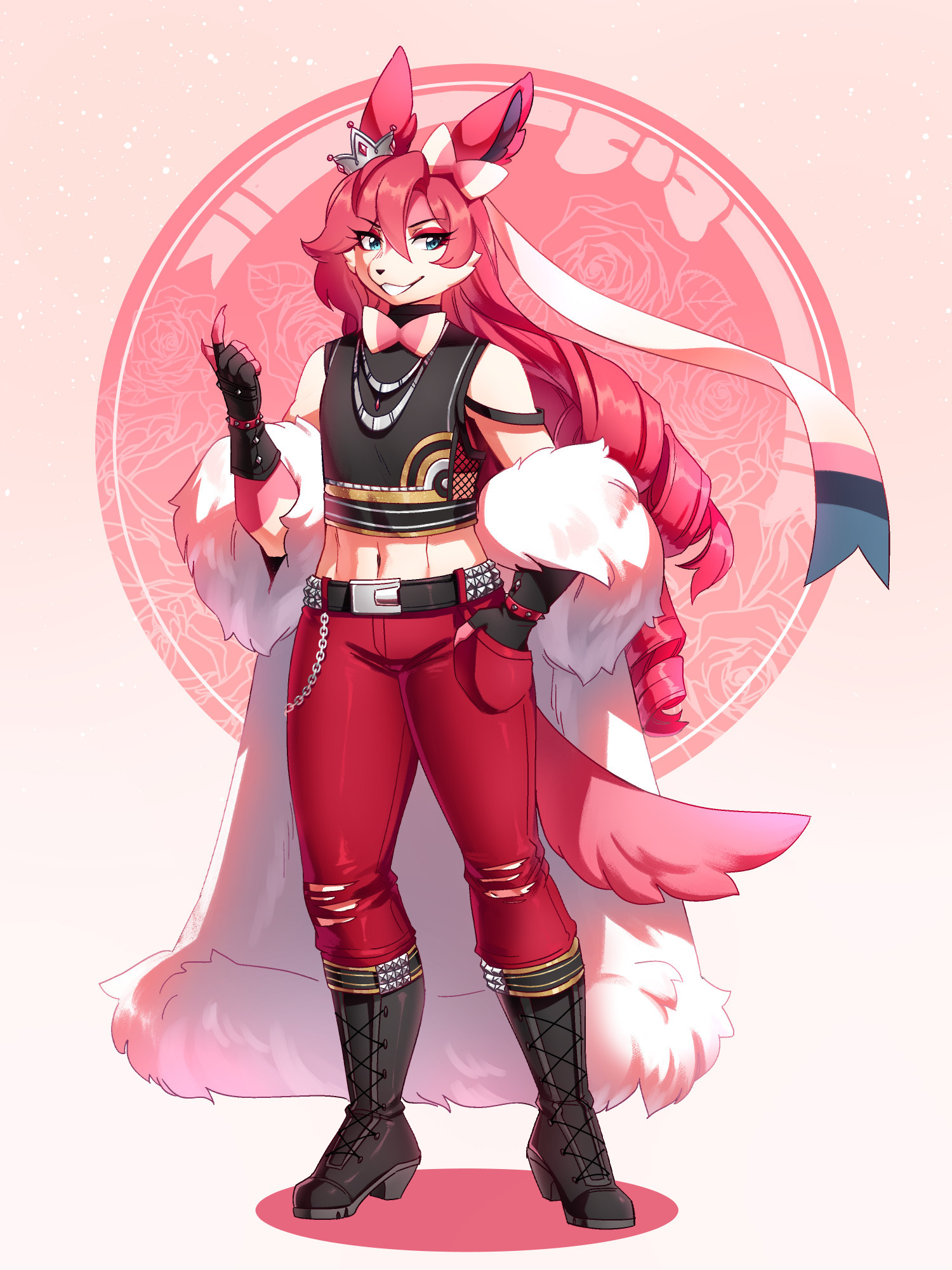 full body drawing of the same sylveon again, grinning slyly and wearing an elaborate black and gold crop top with mesh sides, matching lace up boots, torn, red leather pants with a studded belt and fingerless gloves. again. she also has a fluffy, fur coat draped over her arms.