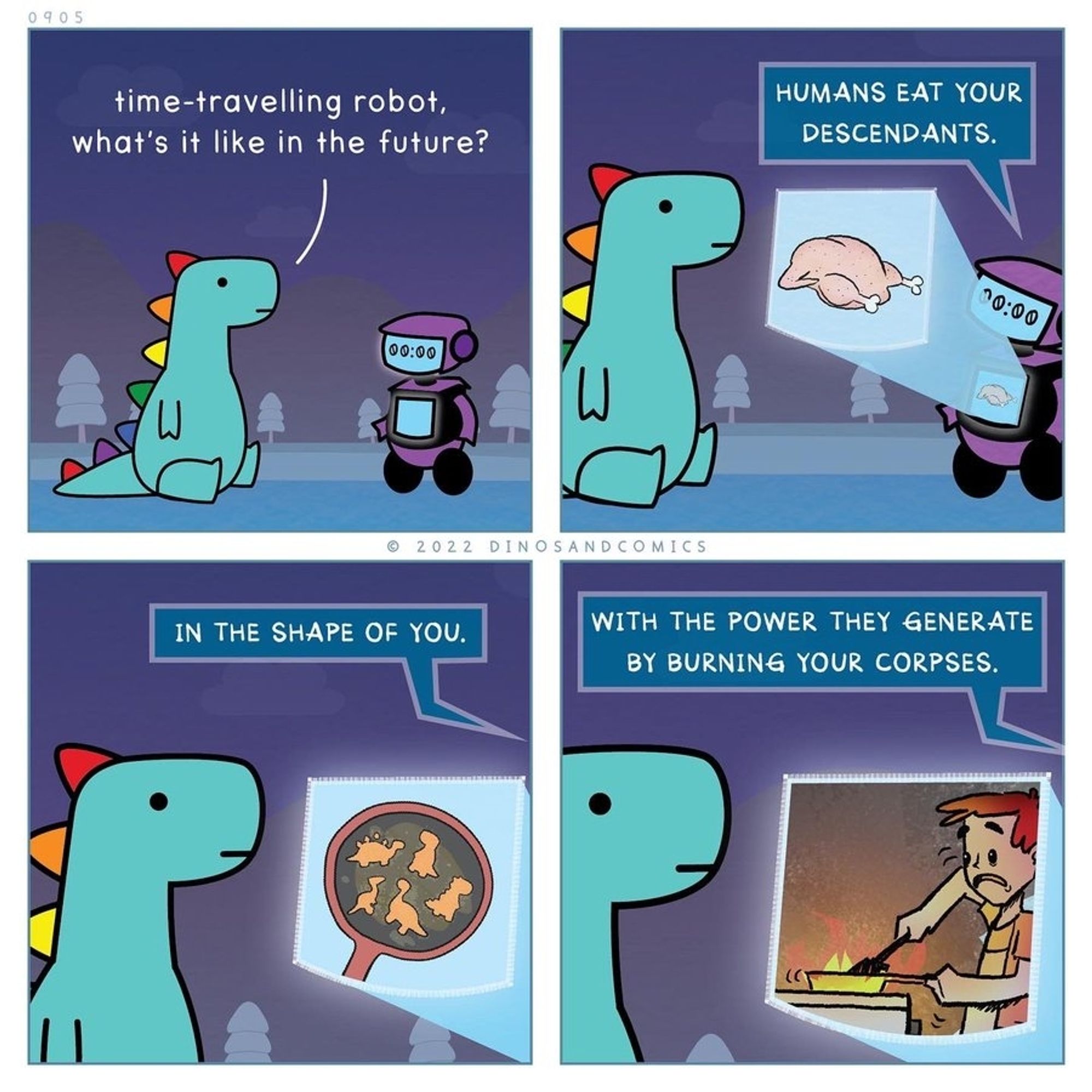 rainbow dinosaur meets time-traveling robot, hears bad news about the future