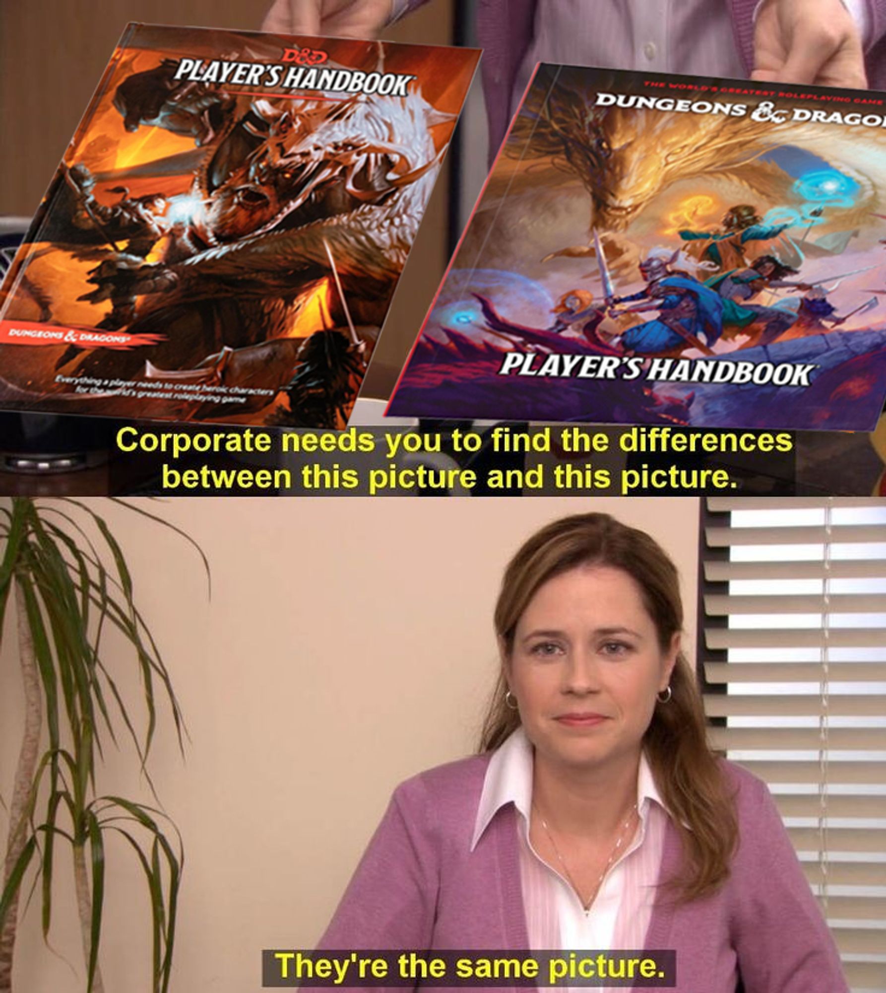 Screencaps from The Office (US) used as a meme format.
First picture shows a person holding two pictures - the cover for the DnD 5E Player's Handbook and DnD 2024 Player's Handbook - and captions read "Corporate needs you to find the differences between this picture and this picture."

Second panel shows the character Pam answering "They're the same picture."