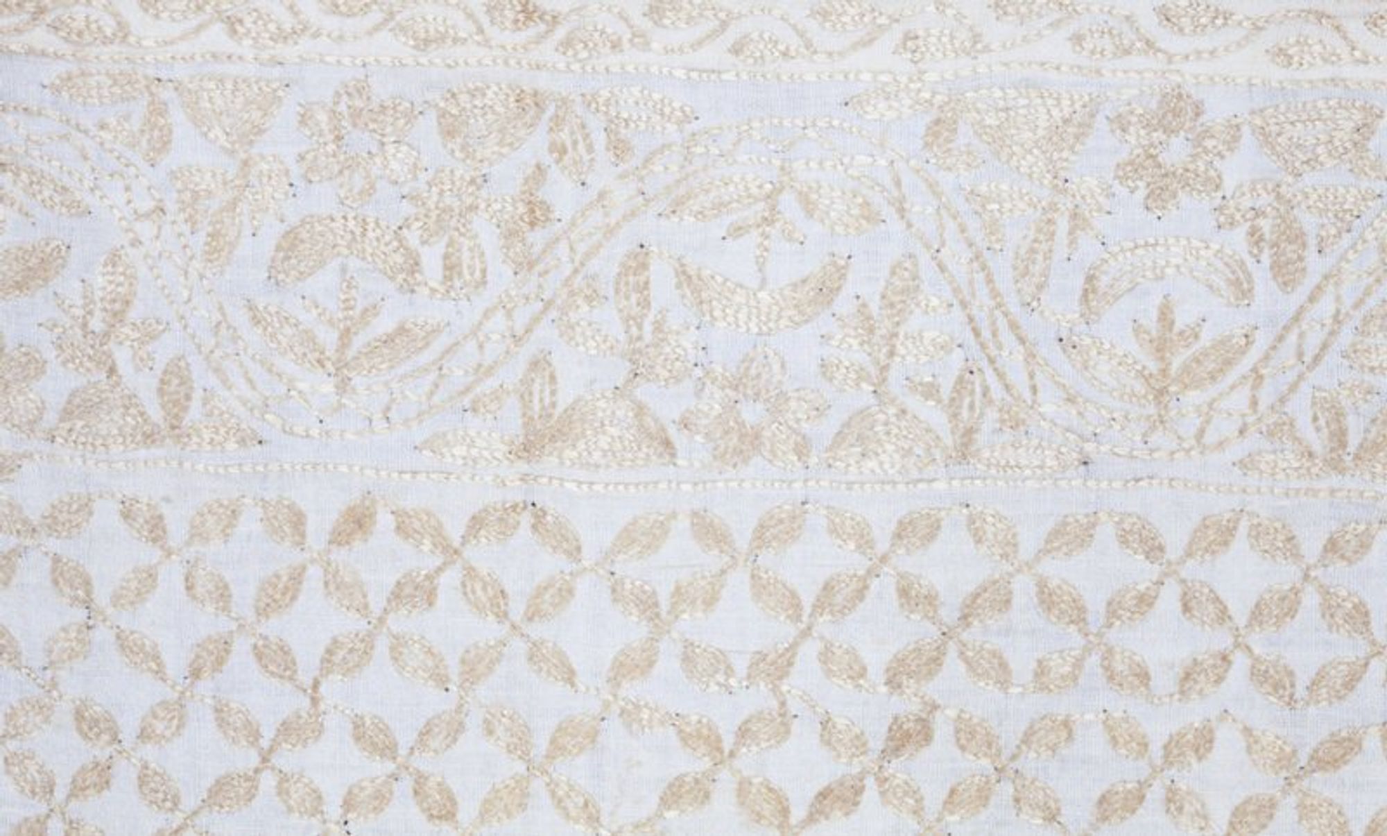 A cloth of Indian cotton embroidered with yellow silk. Chainstitch, done on a sewing machine.