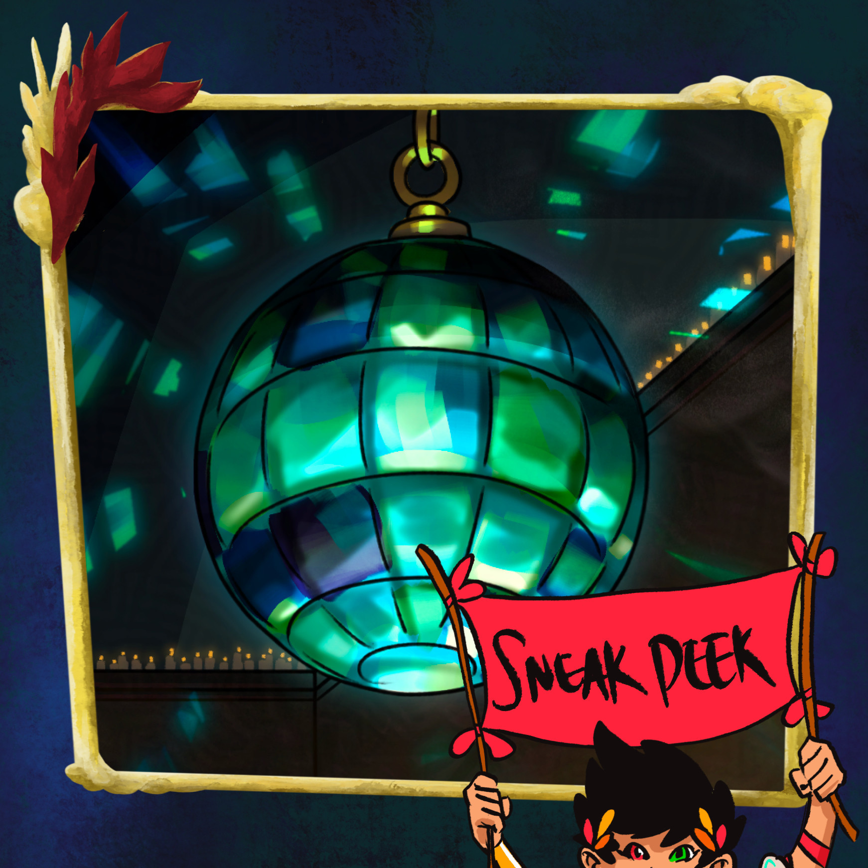 hades minizine preview window frame with zagreus peeking out from the corner holding a sign reading "sneak peek". the preview in question is the blue-green disco ball from the lounge [dotoro3art]