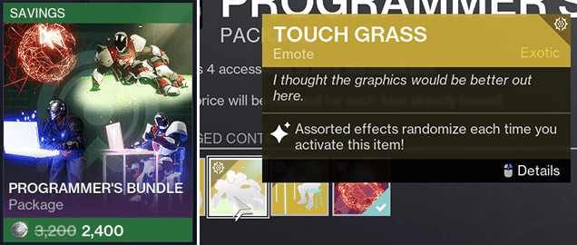 An emote bundle in Destiny 2 includes a "Touch Grass" emote, with the description: "I thought the graphics would be better out here."