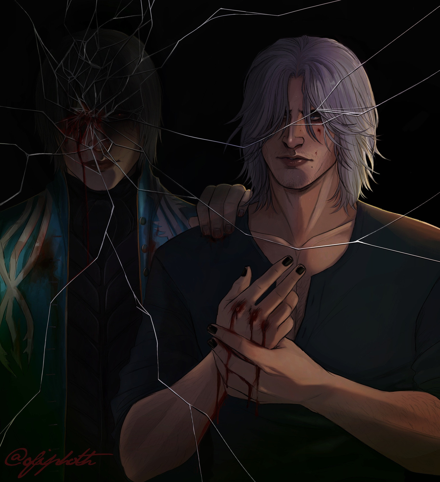 A fanart of Dante from Devil May Cry as seen through a mirror in a darkened room. He is grasping his own bleeding hand while a ghostly apparition of his twin, Vergil, is reflected behind him. The mirror is cracked and covered in blood directly on top of where Vergil’s face would be.