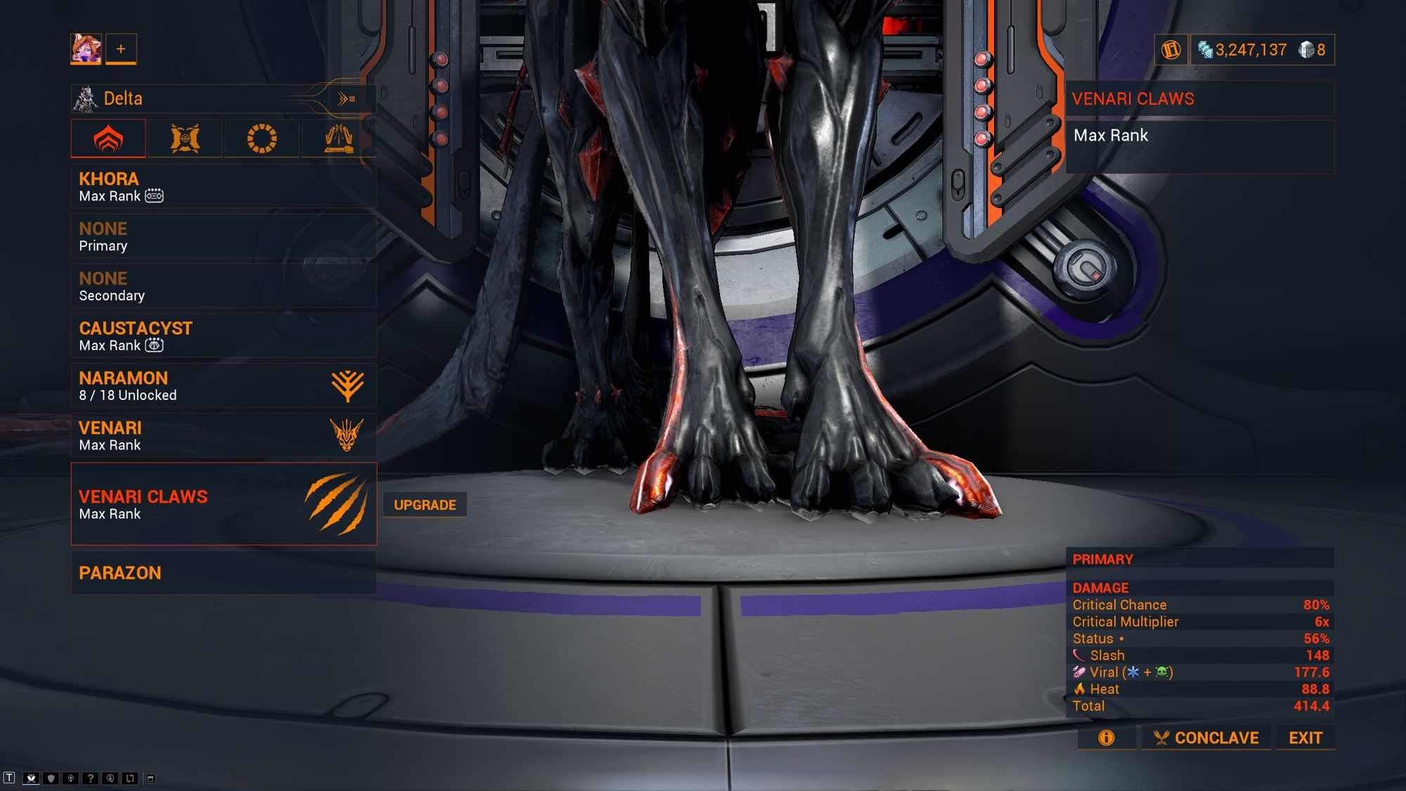 Warframe arsenel with Venari's claws selected, zoomed into her claws