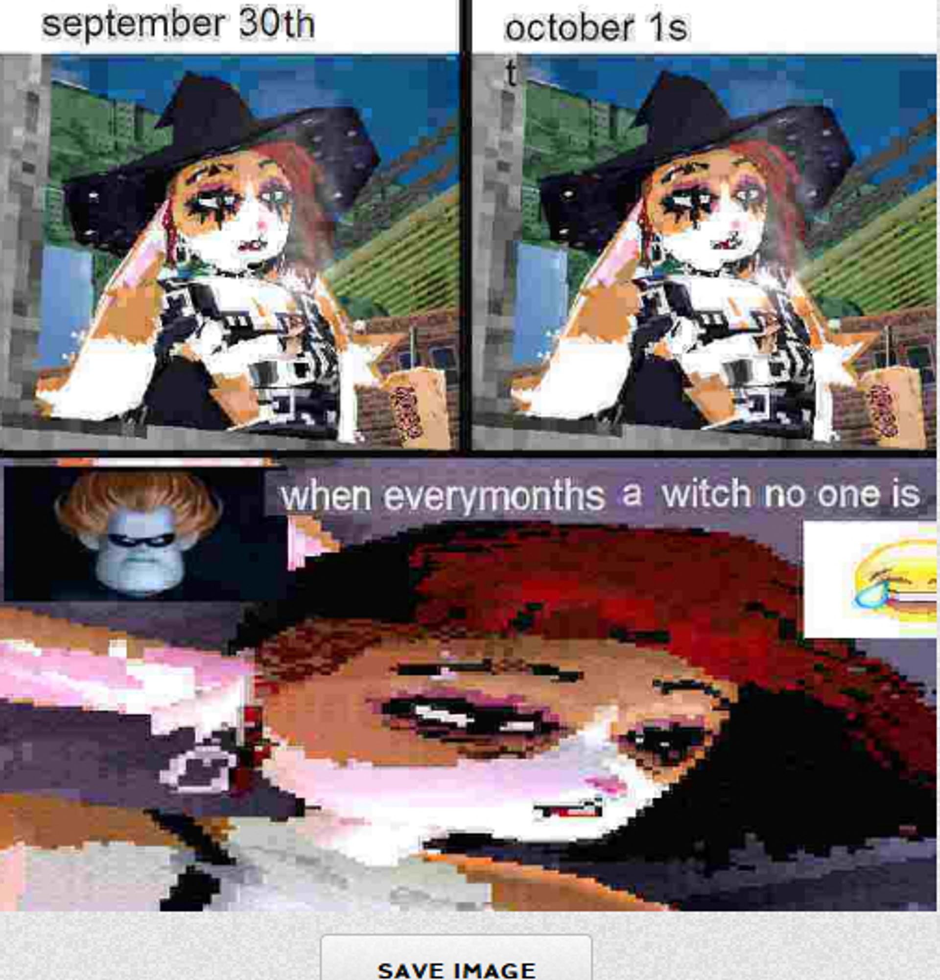 deep fried 3 panel comic meme. 1: bunlith smoking a joint tired titled 'september 30th'. 2: same image but titled 'october 1st' 3: bunlith looking very tired with a picture of syndrome from the incredibles in the top left corner with text saying 'when everymonths a witch no one is'