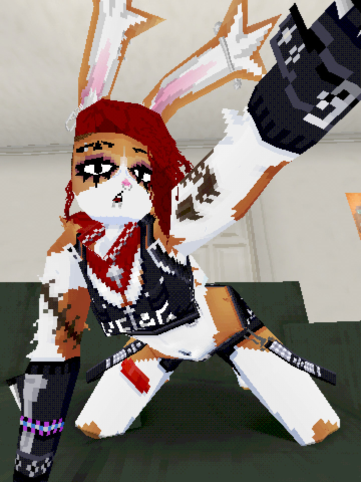 bunlith (goth trans bunny fursona with red hair) kneeling on a couch and posing at the camera suggestively