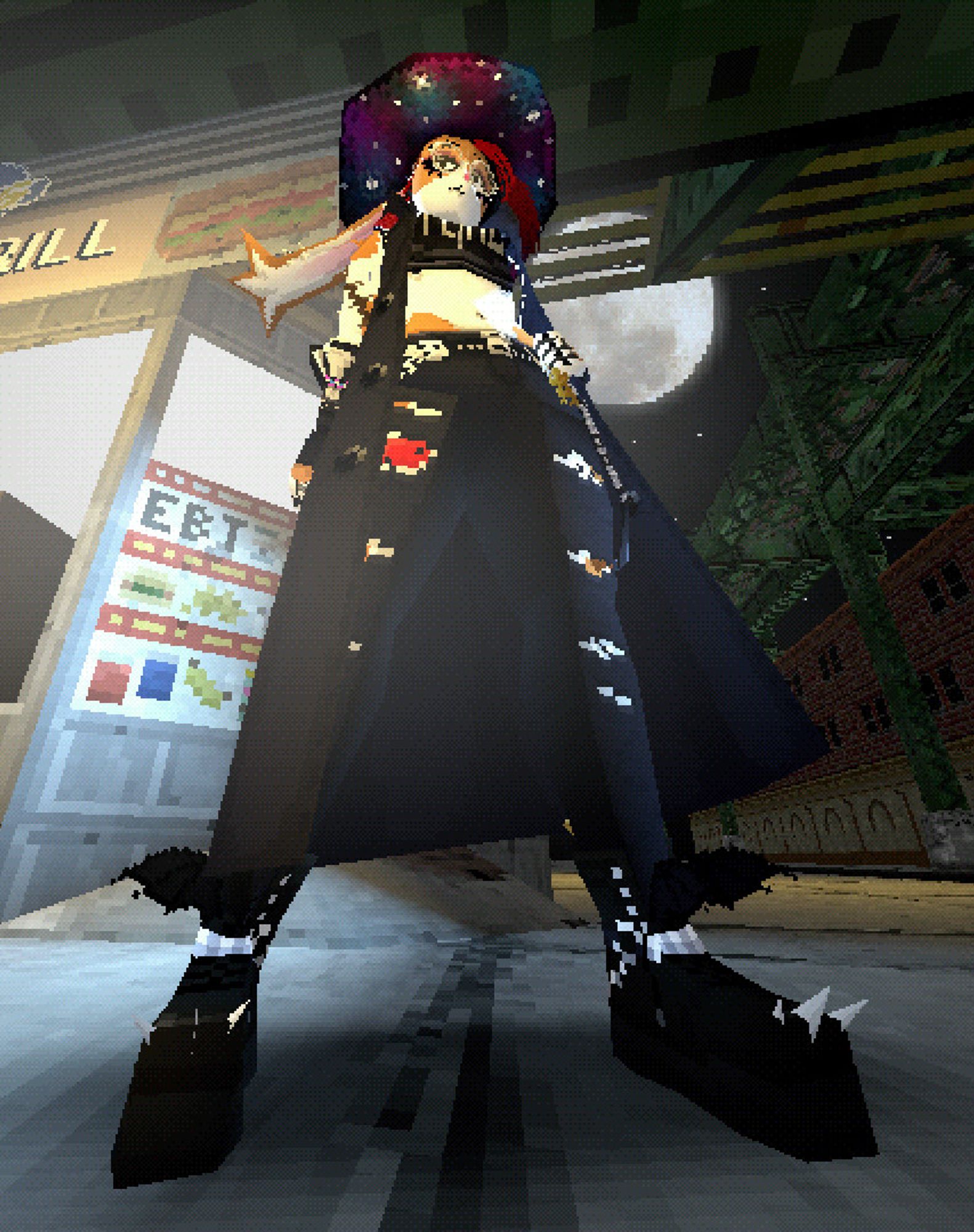 bunlith (goth trans furry) wearing a big sleeveless coat in new york. shot from a low angle at night