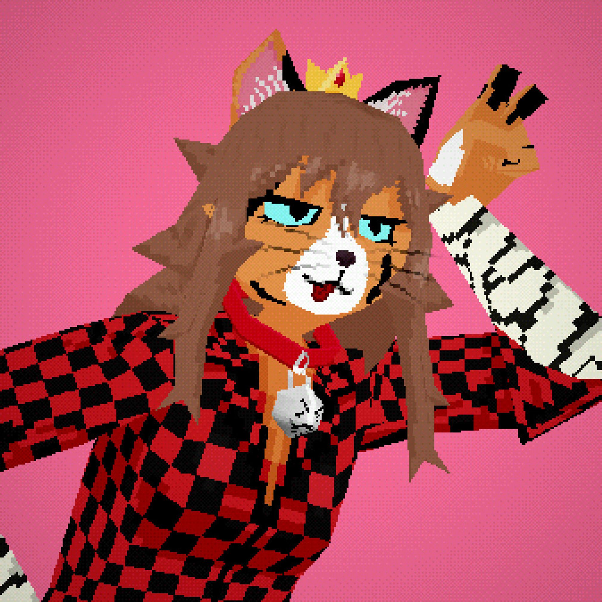 low angle of a ps1 cat girl wearing a red flannel and a tiny golded crown. she has her right hand on her hip and is flashing a peace sign with her left hand which is leaning up on her head