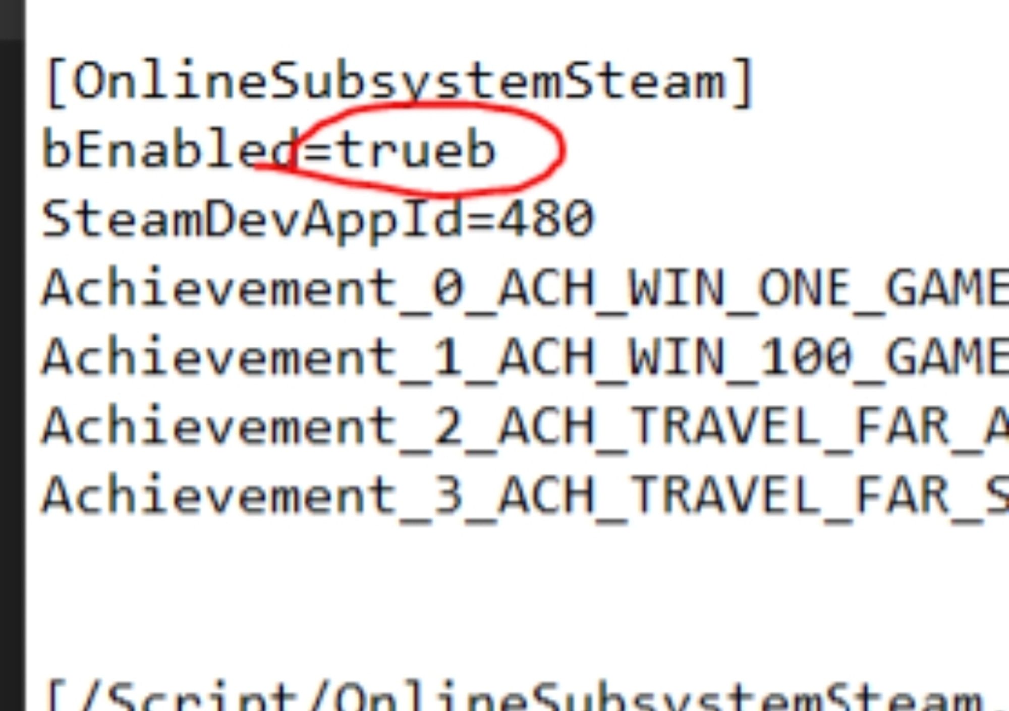 code saying '[online subsystem steam] enabled = trueb'