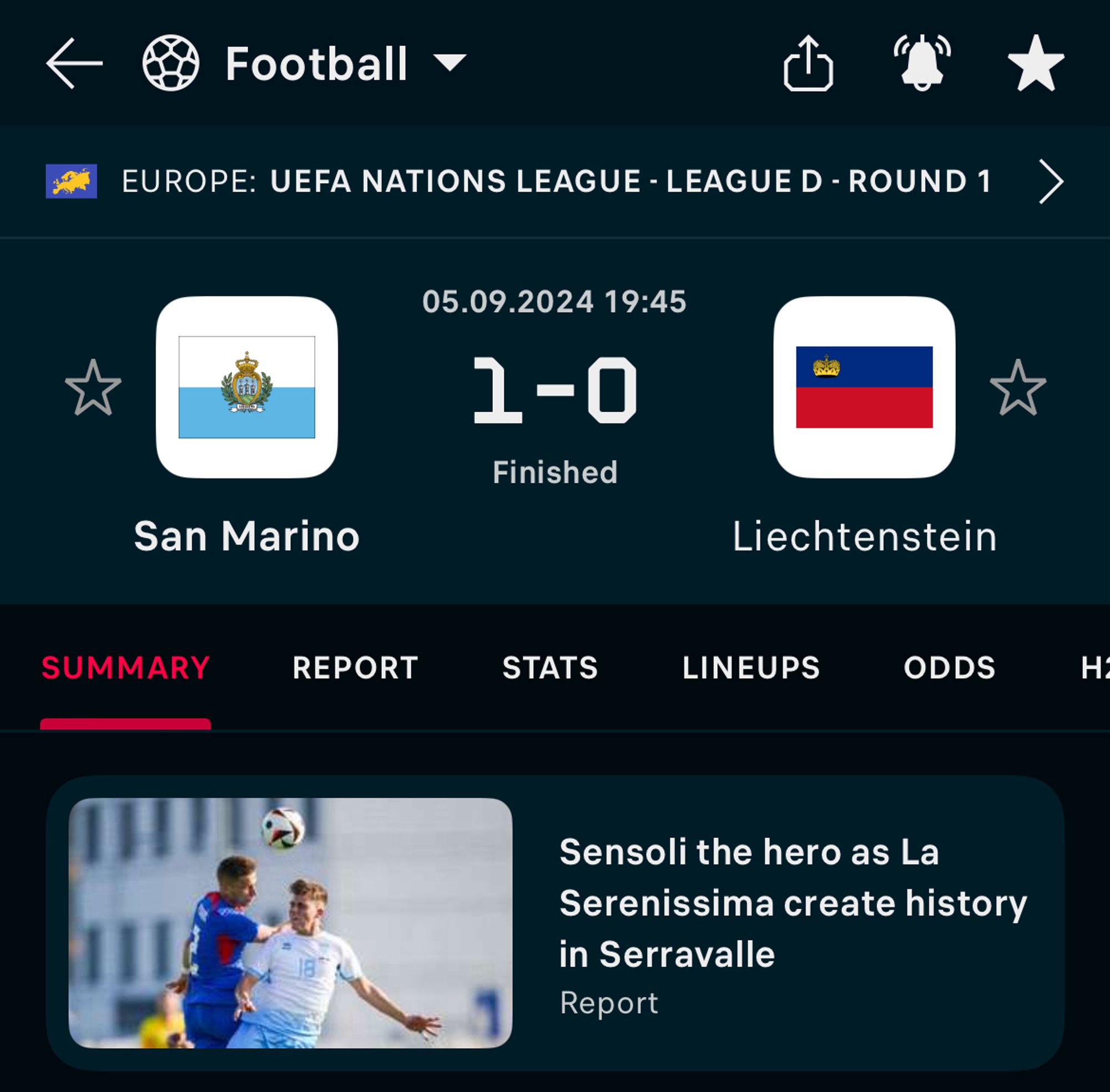 FlashScore screenshot: San Marino 1-0 Lichtenstein. This is San Marino’s first win in 20 years, and their first *ever* competitive victory.