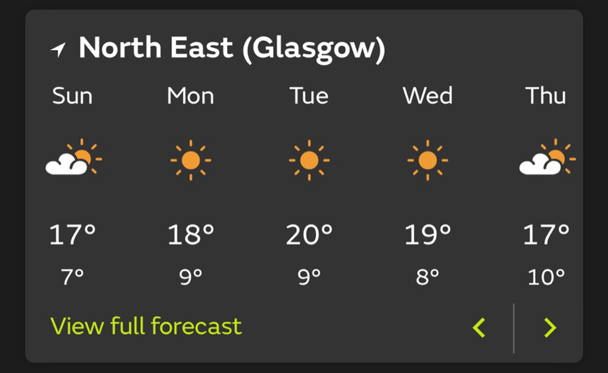 Met Office app: clear sunshine in Glasgow for three days next week with temperatures brushing 20C.