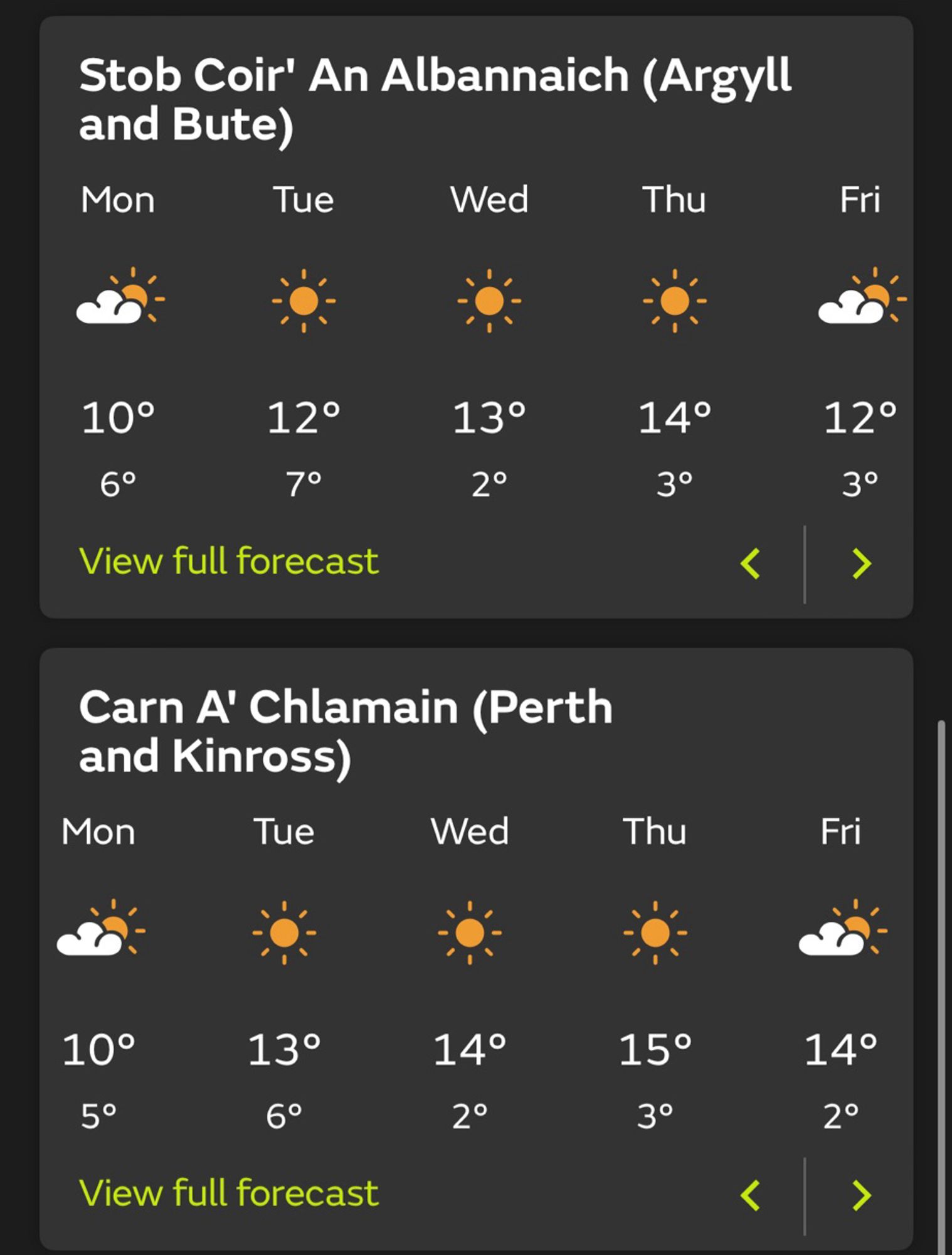 Met Office app: clear sunshine through the middle of next week for Stone Coir’ an Albannaich and Carn A’ Chlamain (two Munros in the Scottish Highlands).