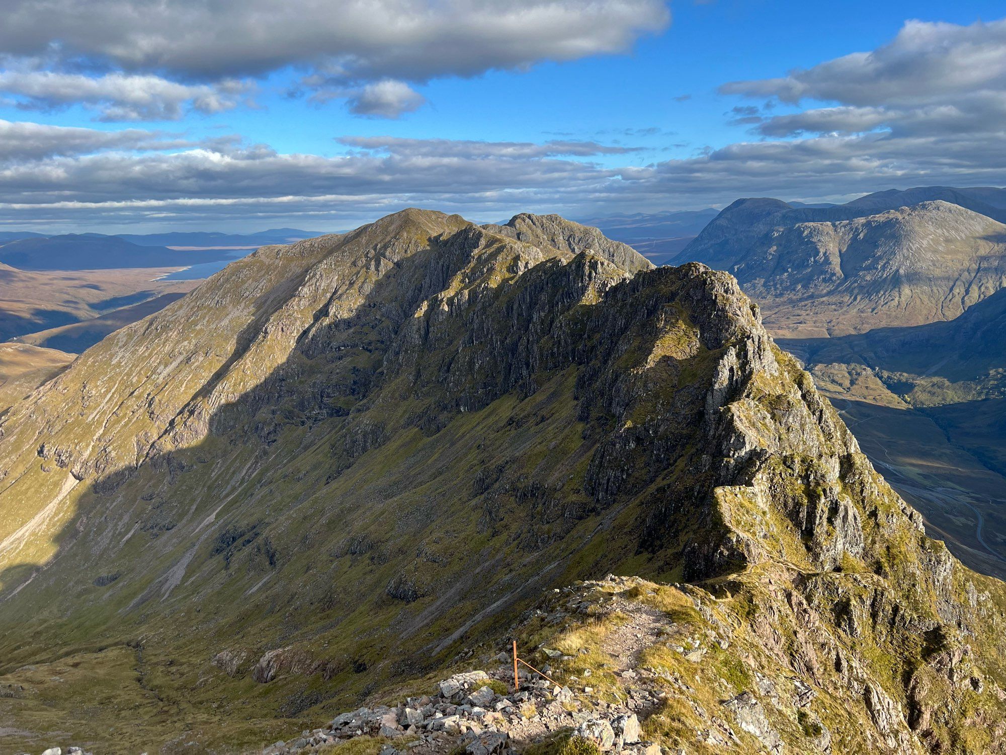 The terrifying Aonach Eagach ridge from the summit of Stob Coire Leith. This is where I turned back, because obviously.